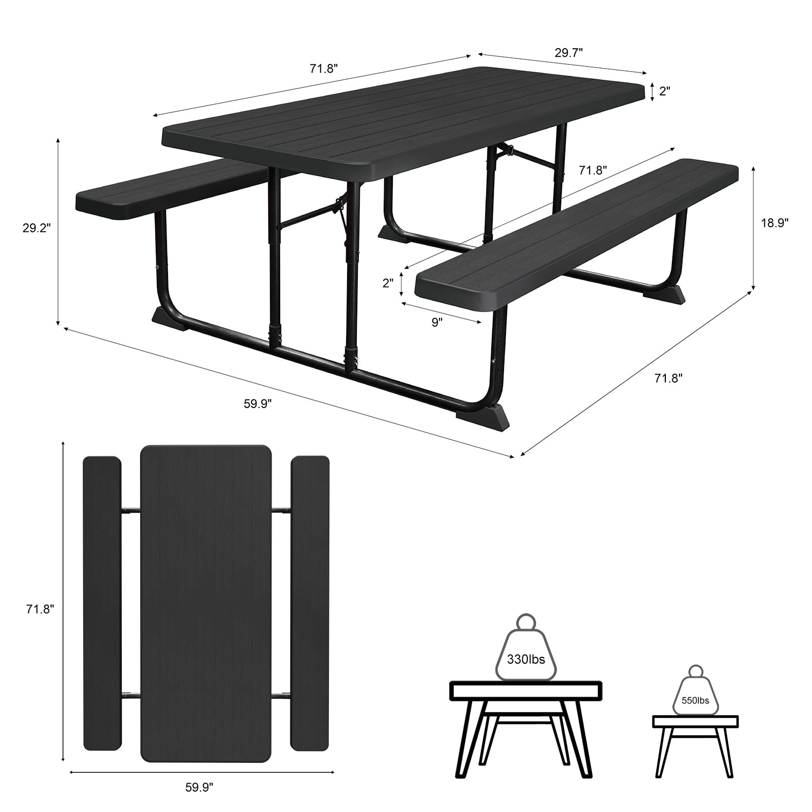 Fenbeli 6-Foot Outdoor Folding Picnic Table, Black