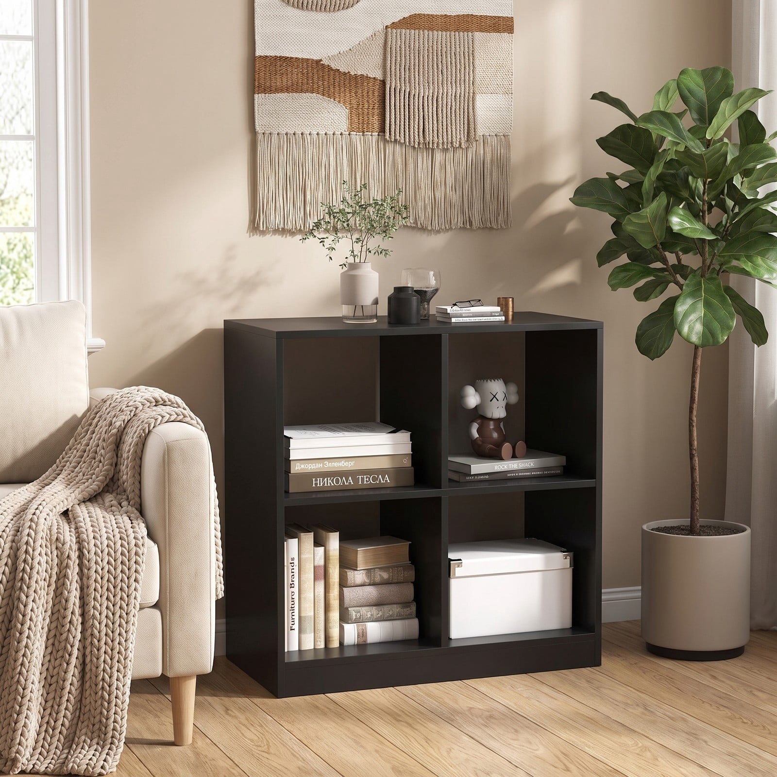 Fenbeli 4-Cube Kids Bookcase with Open Shelves, layer 60 lbs Capacity, Engineered wood Frame, 29 x 13 x 29 Footprint, Black