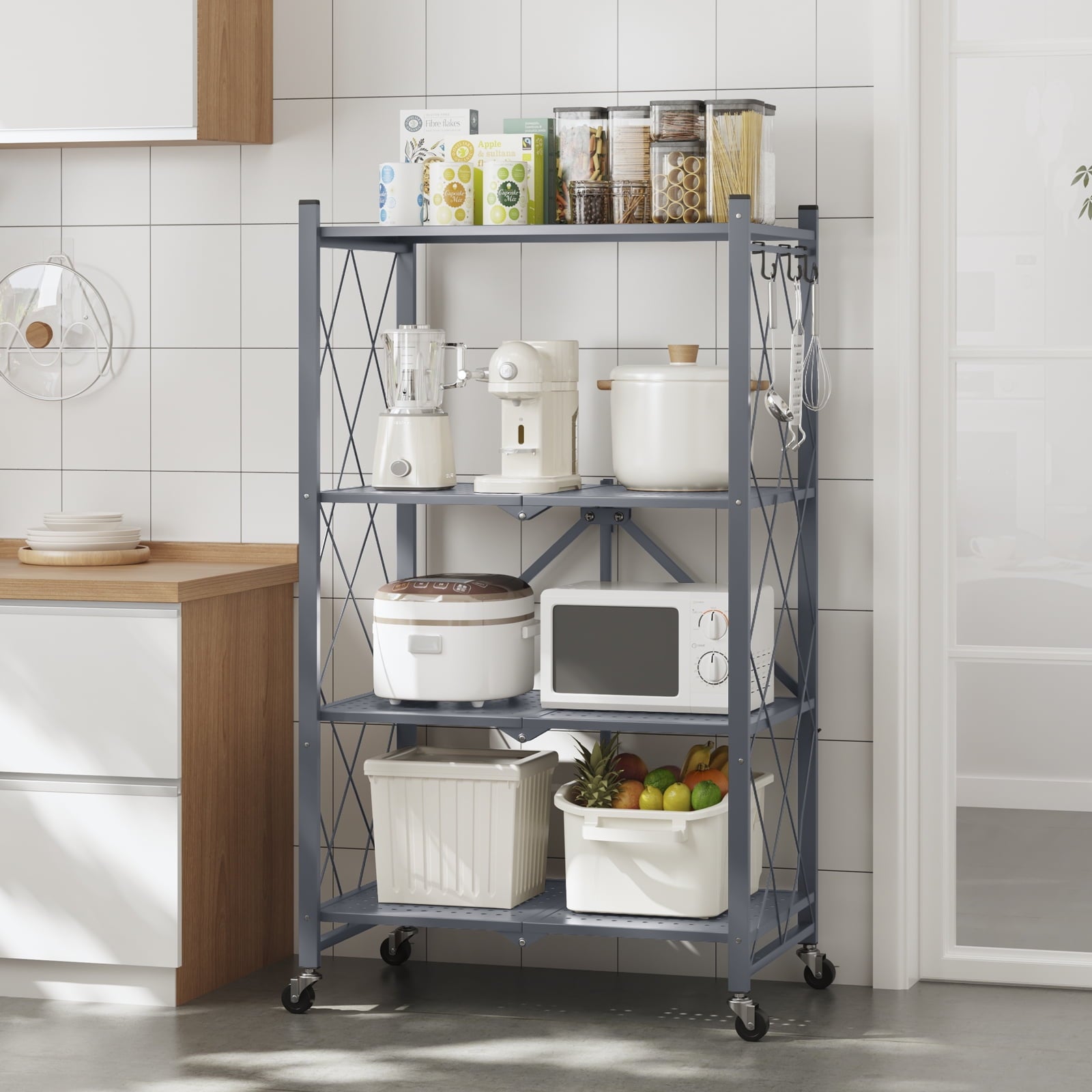 Fenbeli 4-Tier Storage Shelving Unit, Metal Shelf, Foldable Storage Shelf with Wheels, Garage Shelf, Metal Storage Rack, Kitchen Shelf with 3 Hooks
