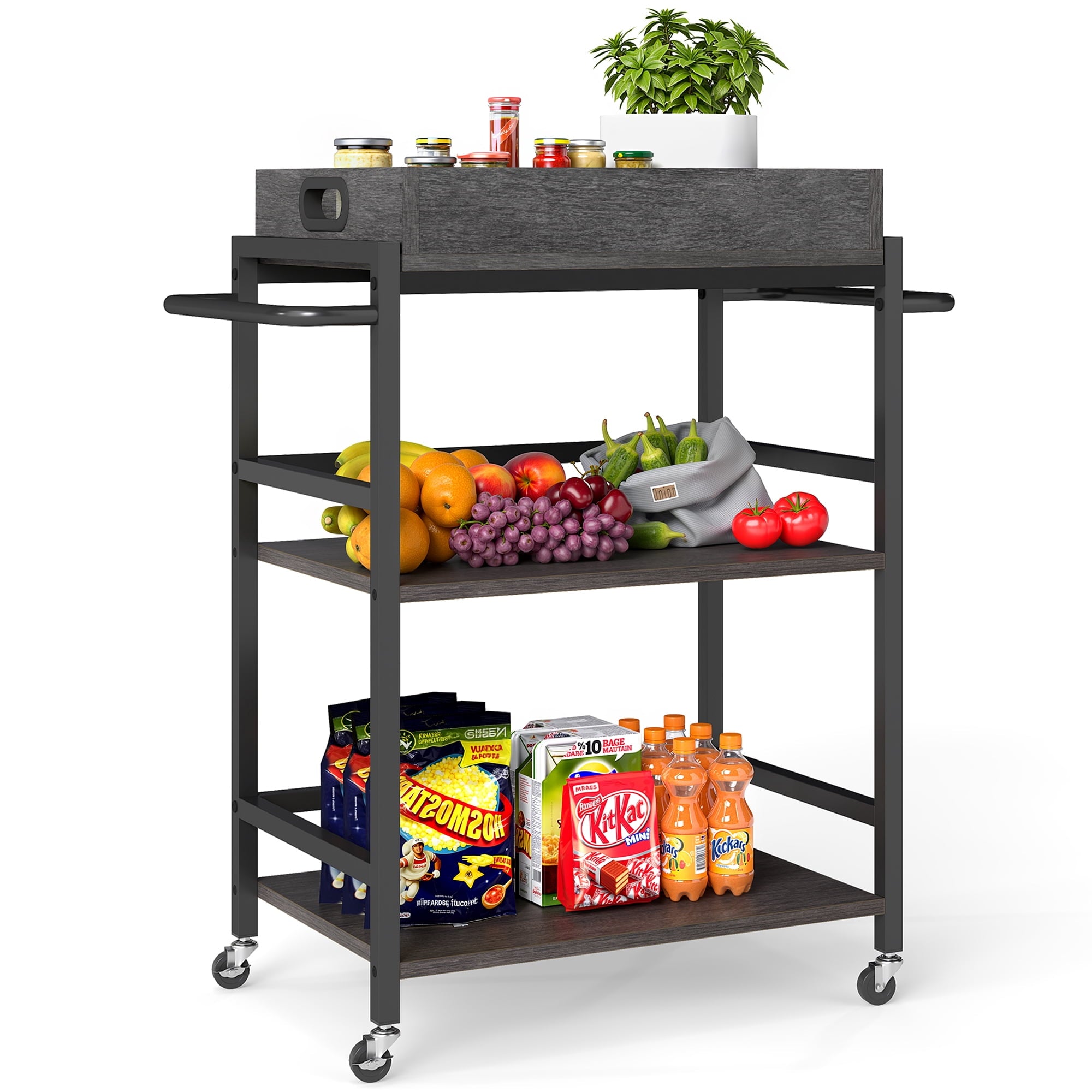 Fenbeli 3-Tier Rolling Kitchen Cart with Removable Wooden Storage Box and Wheels, Gray, 21.9L x 15.8W x 36.2H