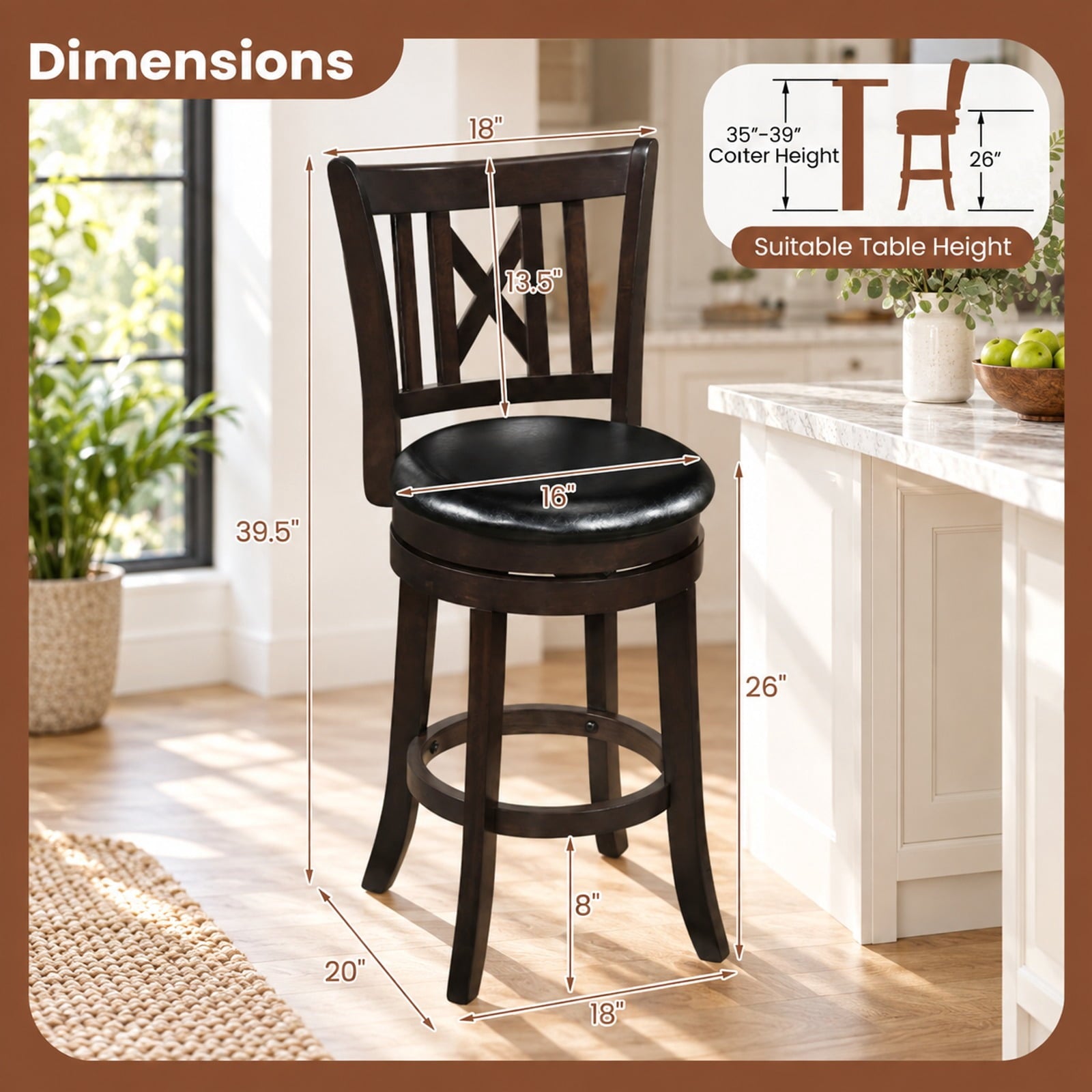 Fenbeli Set of 2 Bar Stools Swivel Bar Chairs with Hollowed Backrest and Footrest-26 inches, Capacity 275 lbs Capacity, 20 x 18 x 39.5 Footprint