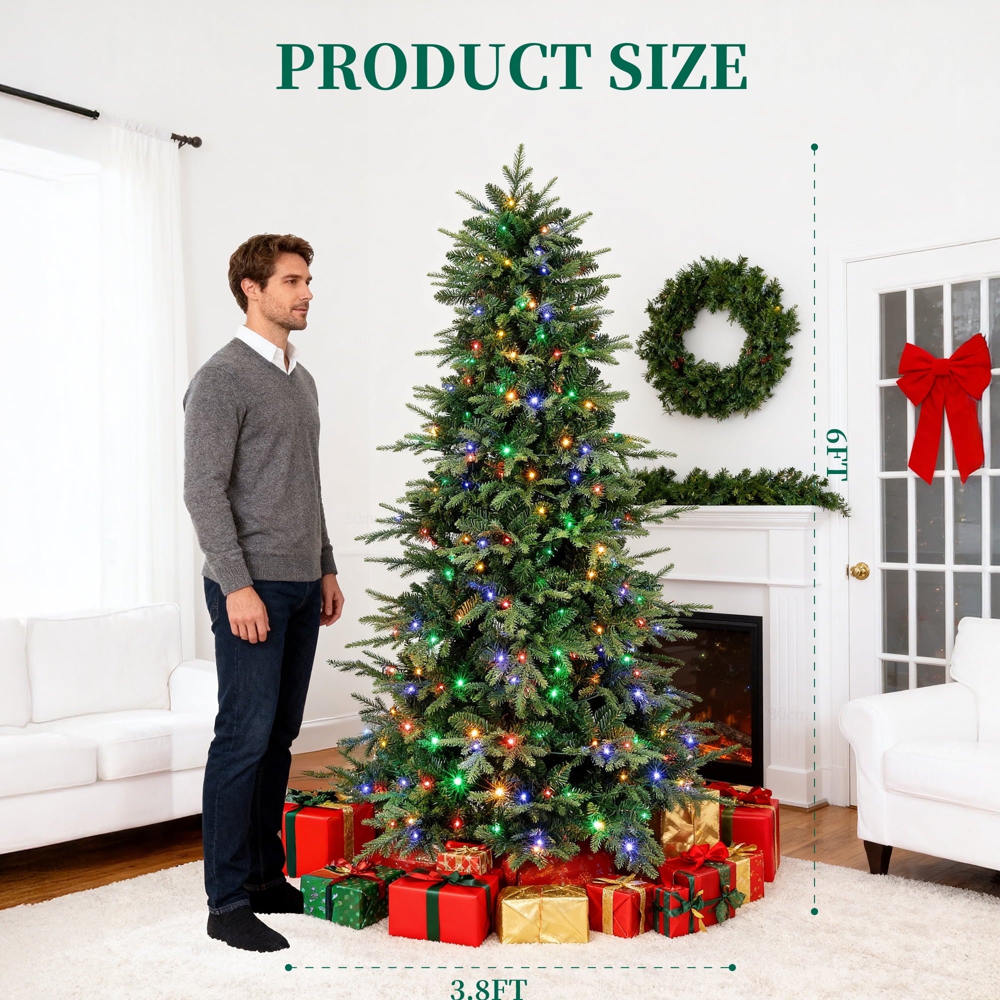 Fenbeli 6ft Pre-Lit Artificial Fir Christmas Tree, 1,350 PE/PVC Branch Tips, 300 Lights with Remote Control and 11 Modes, Green
