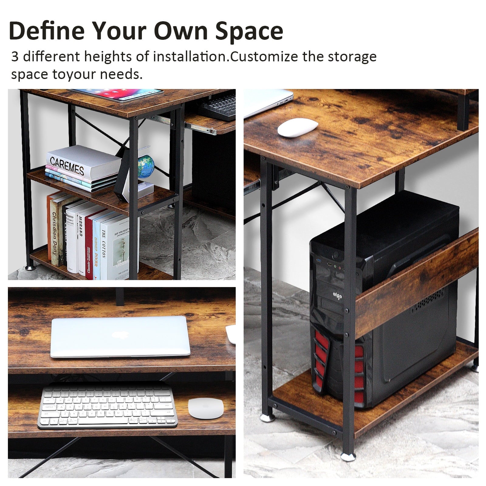 Furnibear Computer Desk 47 Home Office Desk Study Writing Table with Monitor Stand Storage Shelf, Brown