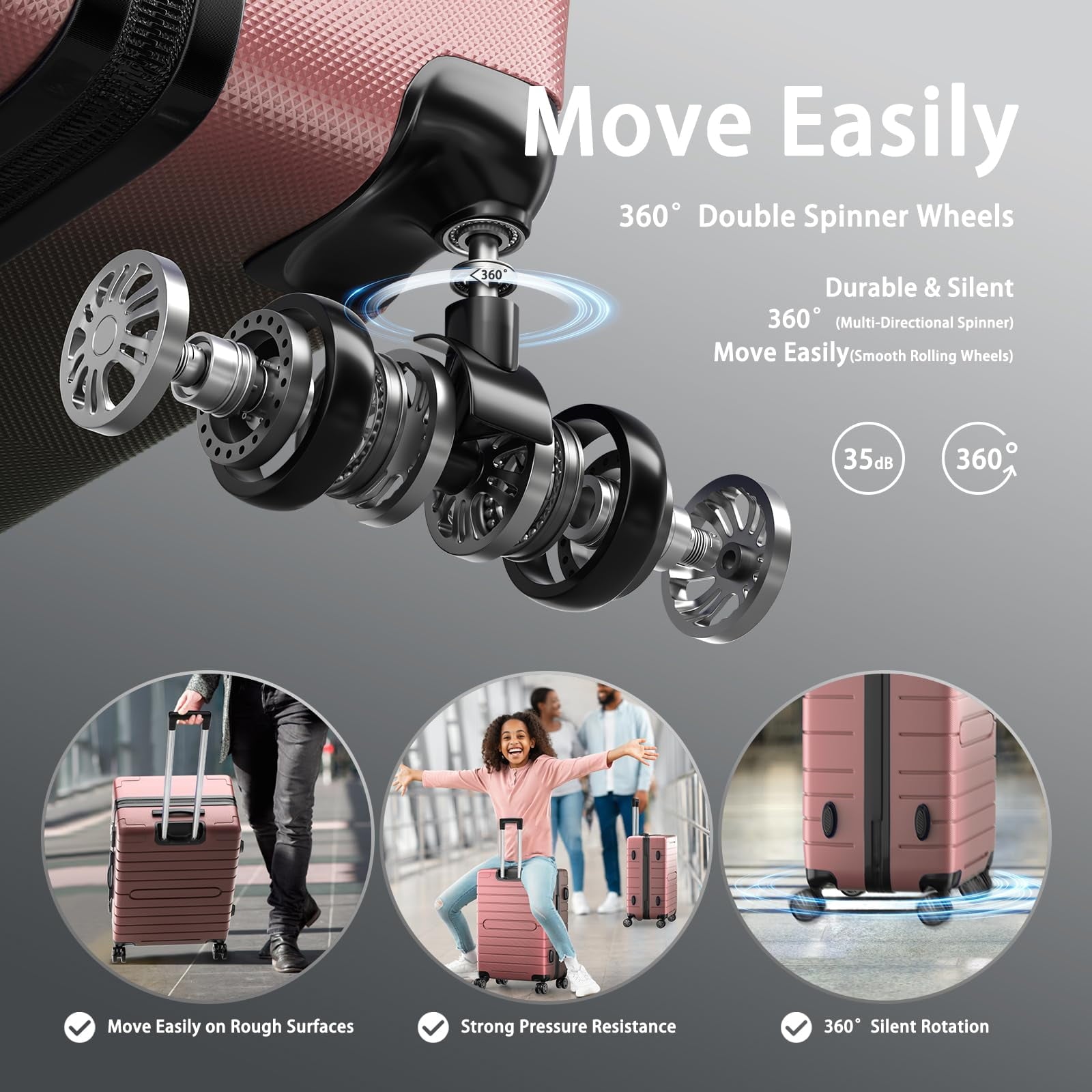 Fenbeli 3 Piece Luggage Sets with TSA Locks Hardside Suitcase Set with Spinner Wheels 20in24in28in Rose Pink