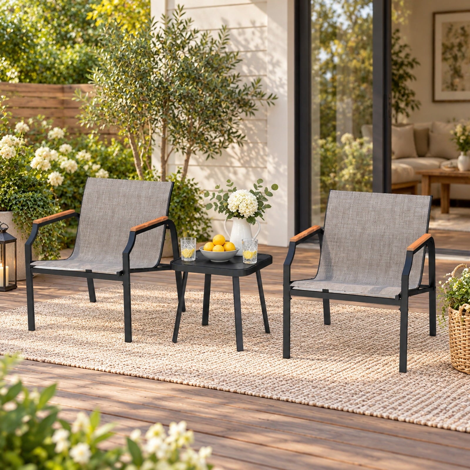 Fenbeli 3 Piece Outdoor Chair Set with Breathable Fabric Seat and Armrests, Chair 330 lbs Capacity, Metal Fabric Tempered Glass PS Frame, Brown