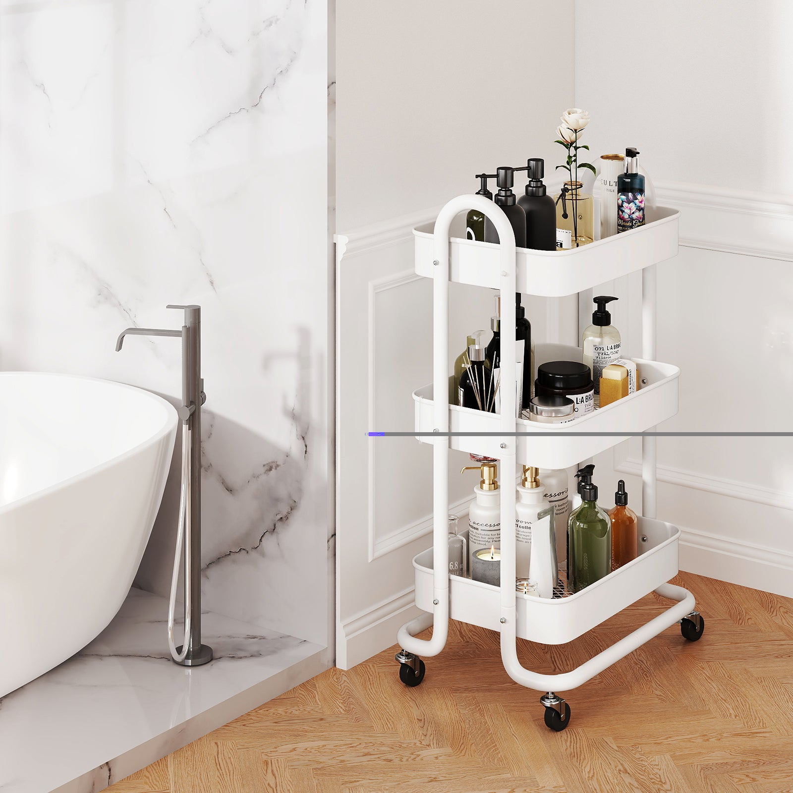 Fenbeli 3-Tier Metal Rolling Utility Cart with Wheels, White, 18L x 13.4W x 31H
