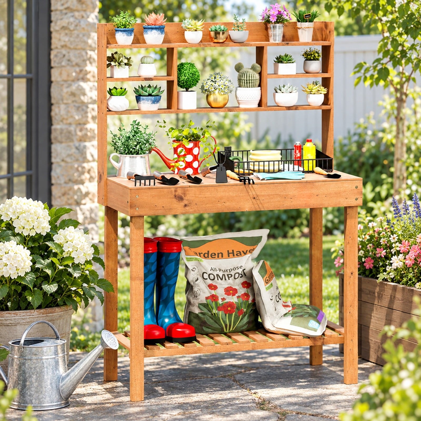Fenbeli Wooden Potting Bench Table Garden Planting Workstation with 3-Tier Open Shelf, Upper Shelf 22 lbs Capacity, Fir Wood Frame, Brown