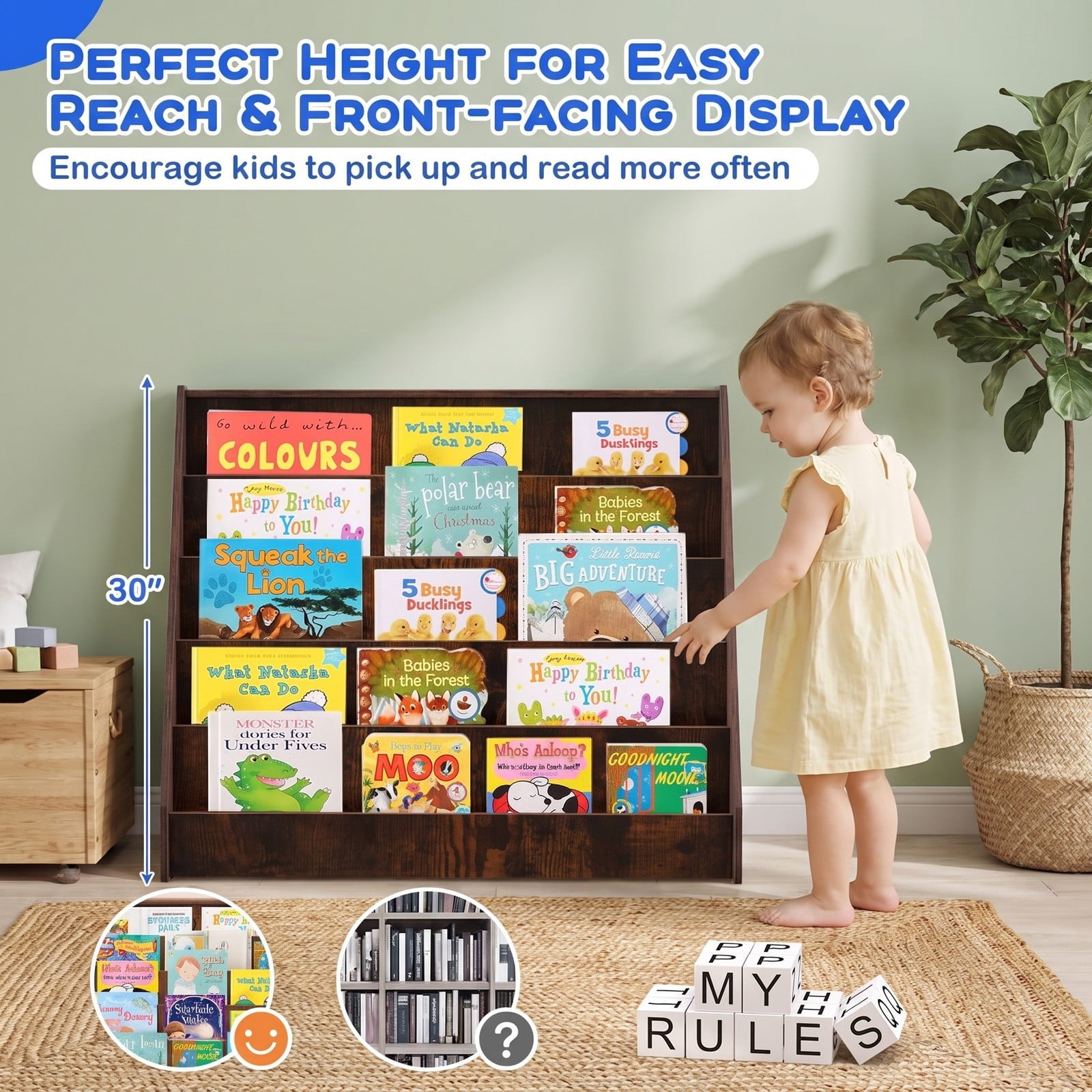 Fenbeli 5-Tier Kids Bookshelf with Deep Compartments and Stable Baby Book Case, Engineered Wood Frame, for 3+, 36 x 15 x 30 Footprint, Brown