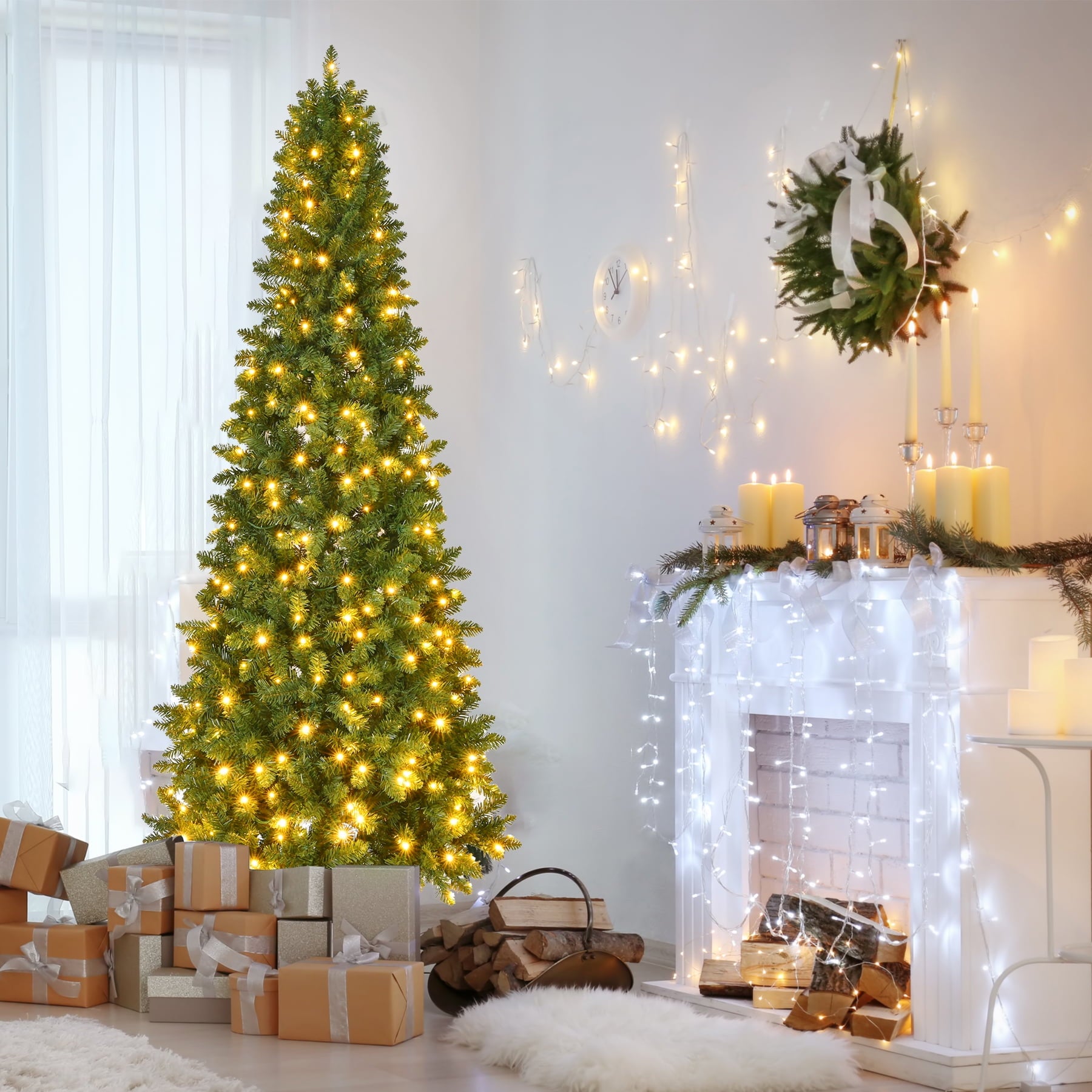 Fenbeli 7.5ft Prelit Artificial Christmas Tree with 350 LED Warm Lights Pencil Christmas Tree with Sturdy Metal Stand for Indoor and Outdoor Decor