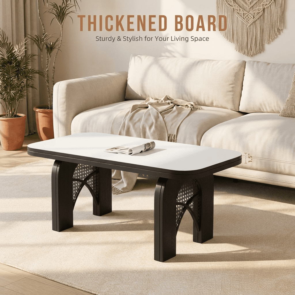 Furnibear Boho Coffee Table for Living Room with Woven Cane and Arched Wood Legs for Living Room,Black