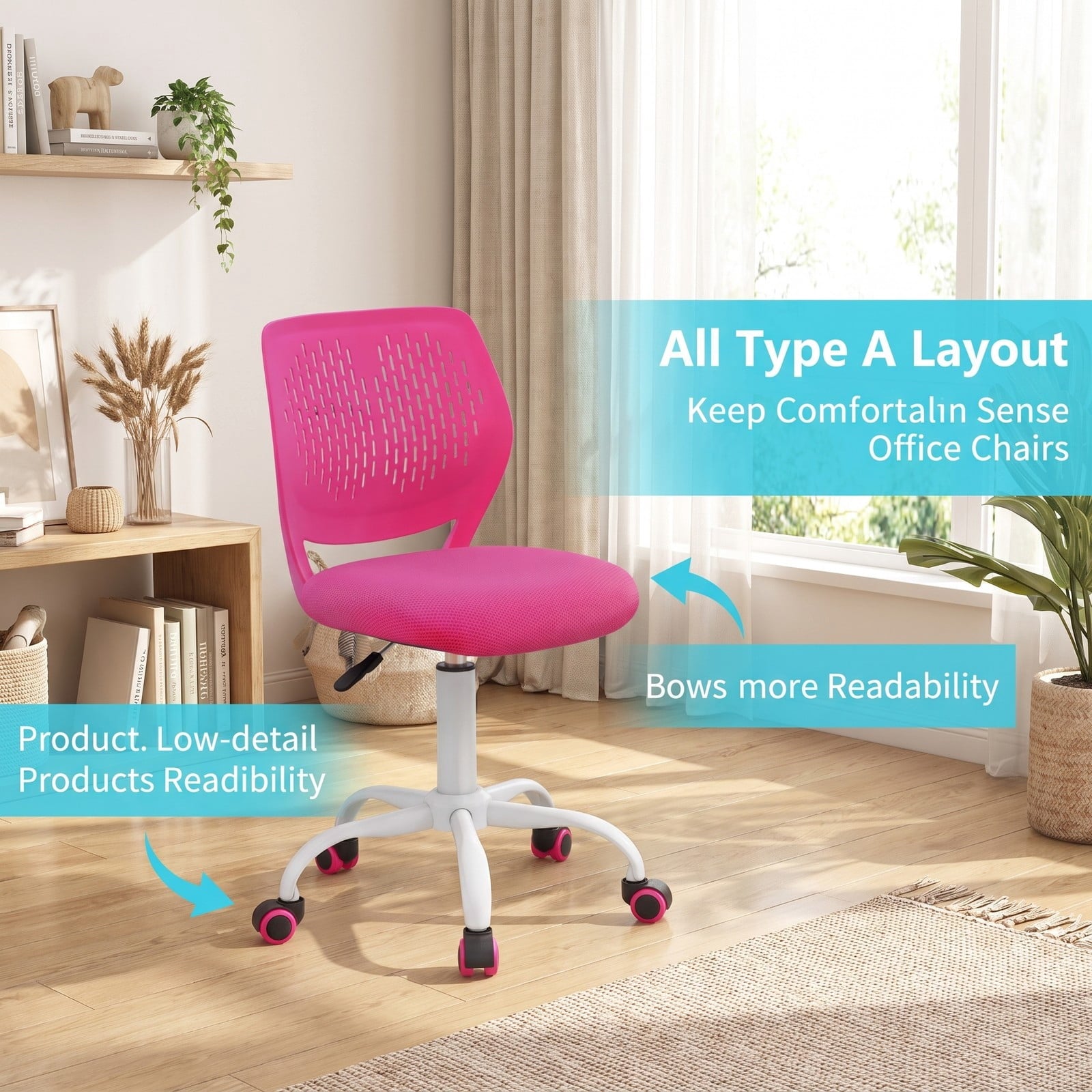 Fenbeli Ergonomic Children Study Chair with Adjustable Height, 250 lbs Capacity, Sponge Mesh Metal Frame, 19.5 x 19.5 x 29.5-34 Footprint, Pink