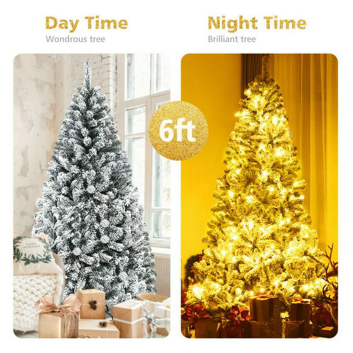 Fenbeli 6ft Artificial Snow Decorated Flocked Hinged Christmas Tree with Metal Stand, White