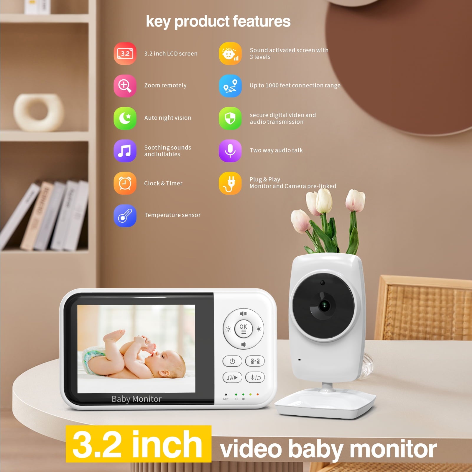 Fenbeli Baby Monitor with Camera and Audio, 3.2'' HD Screen Baby Camera for Baby/Elderly, ECO/VOX Mode, Night Vision