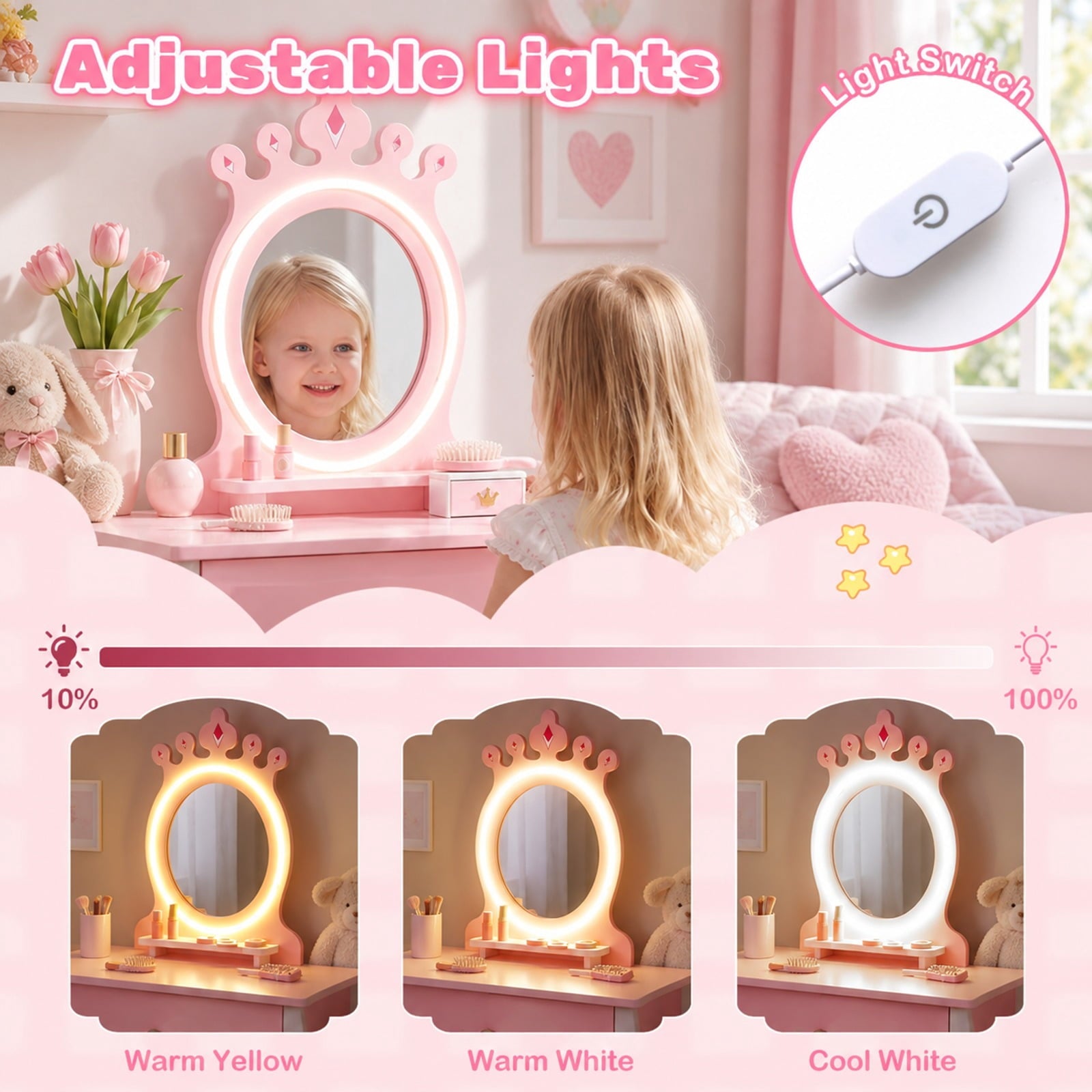 Fenbeli Kids Hair Salon Play Set with LED Lighted Mirror Wooden Pretend Hair Salon Station with Swivel Barber Chair, 66 lbs Capacity, Pink