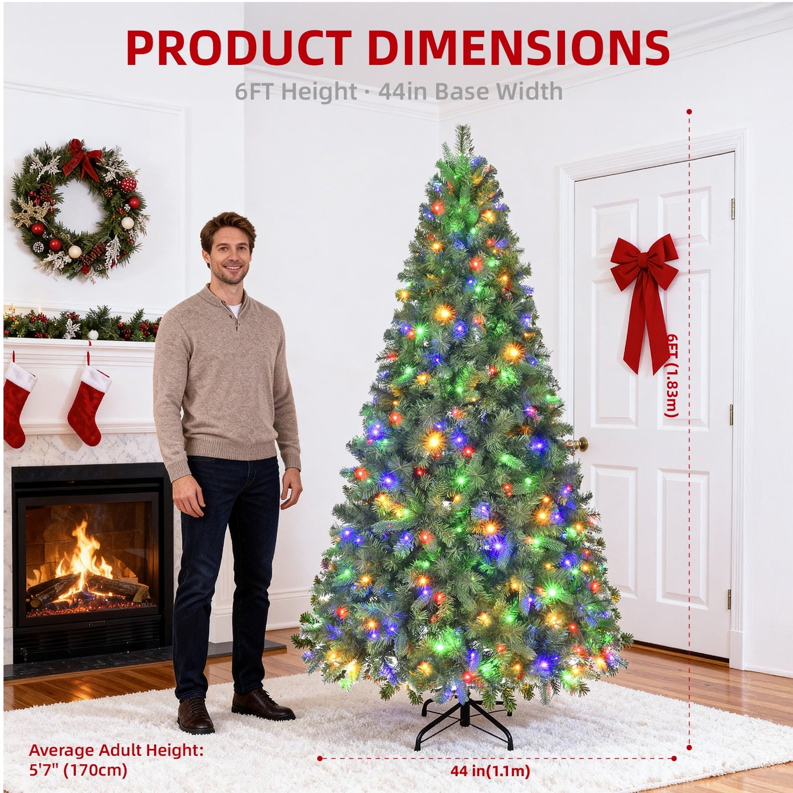 Fenbeli 6ft Pre-Lit Artificial Christmas Tree with 250 Multicolored LED Lights, 8 Sequences, Green