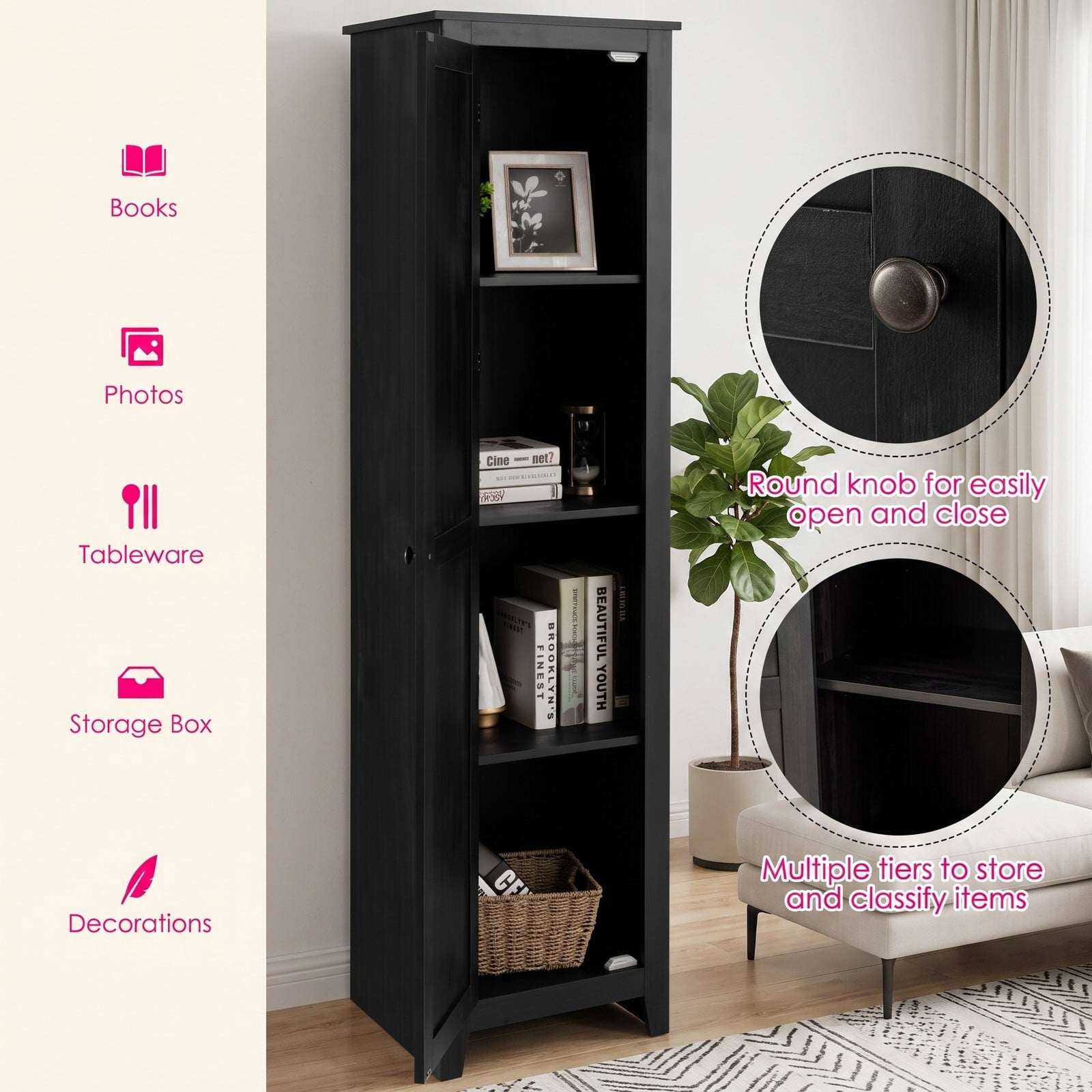 Fenbeli Linen Tower Bathroom Storage Cabinet, Tall Slim Freestanding Floor Organizer with 4 Shelves, Anti-Tip Side Storage Cabinet with Door and Magnetic, Black