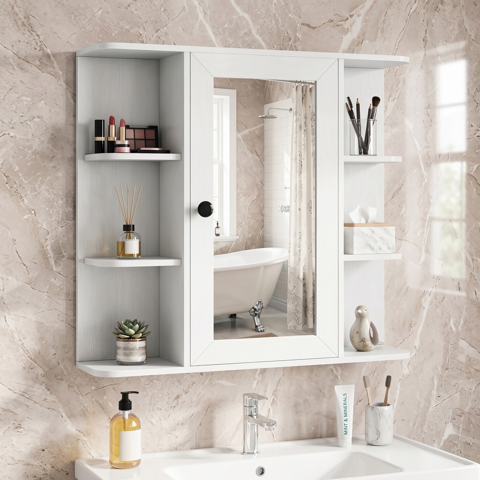 Fenbeli Wall Mounted Bathroom Medicine Cabinet with Mirror and Open Shelves, Wood Storage Organizer with Mirrored Door and Adjustable Compartments for Bathroom, White