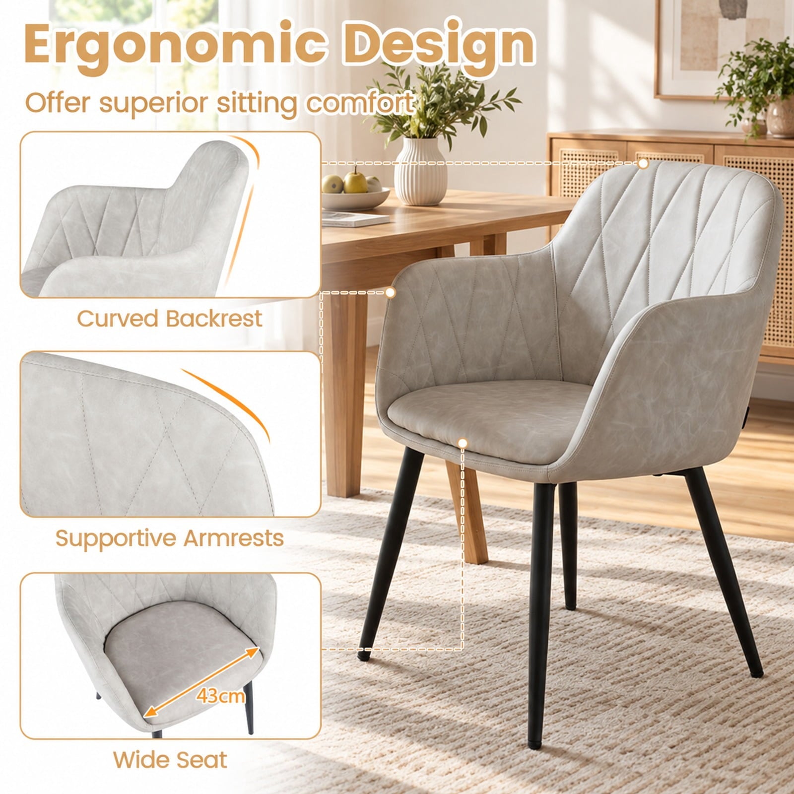 Fenbeli Upholstered PU Leather Kitchen Chairs Set of 2 with Curved Back and Wide Seat, Chair 396 lbs Total Capacity, PU Leather Metal Sponge Frame
