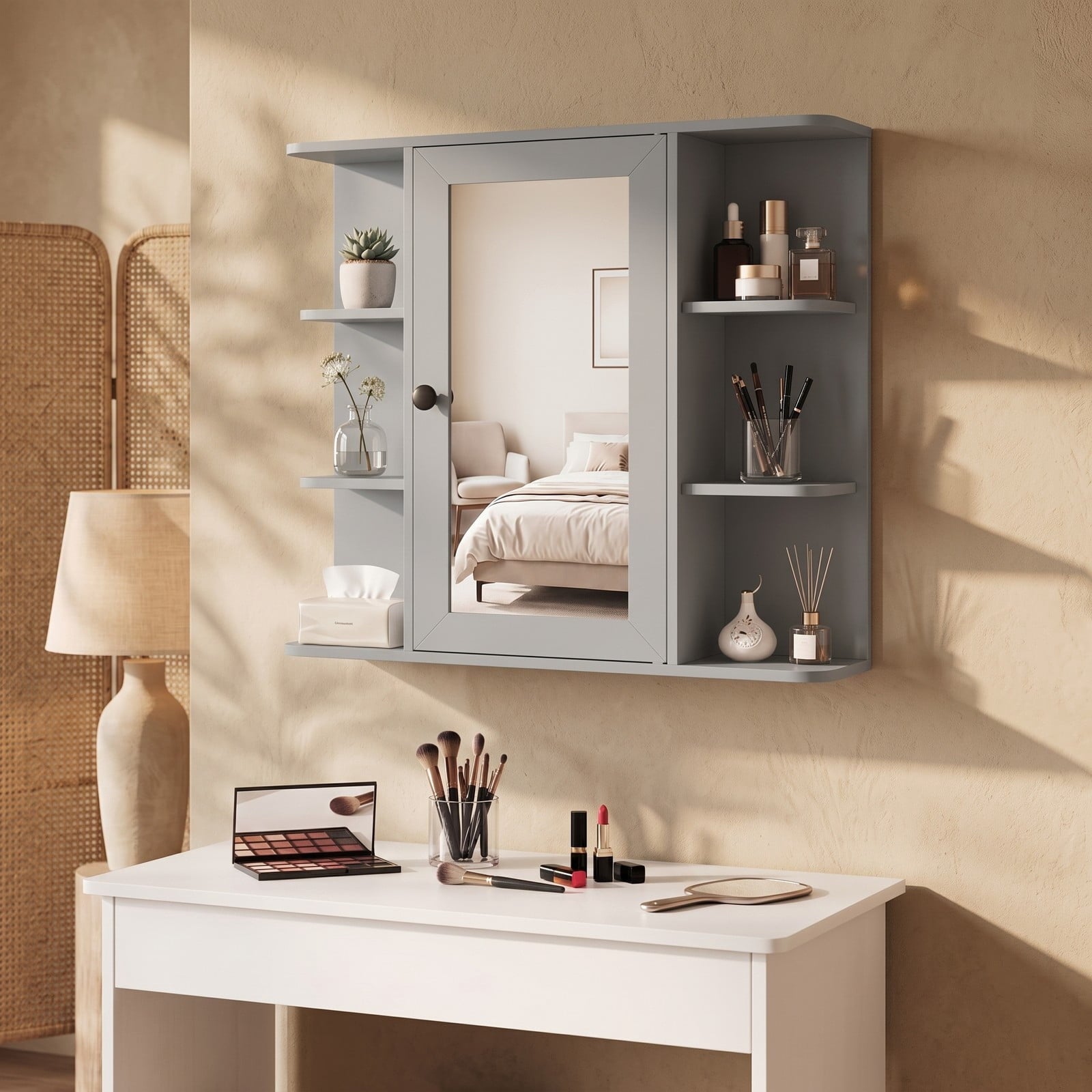 Fenbeli Wall Mounted Bathroom Medicine Cabinet with Mirror and Open Shelves, Wood Storage Organizer with Mirrored Door and Adjustable Compartments for Bathroom, Gray