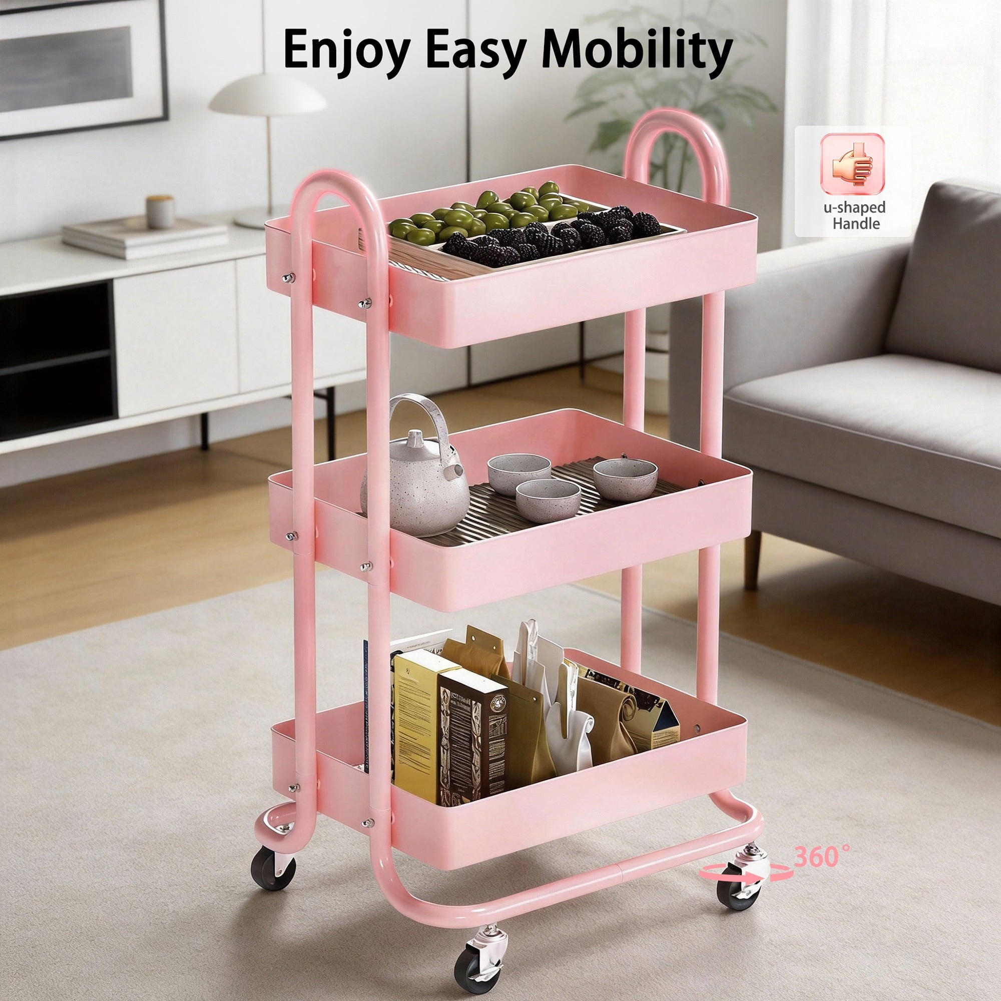 Fenbeli 3-Tier Metal Rolling Utility Cart with Wheels, pink, 18L x 13.4W x 31H
