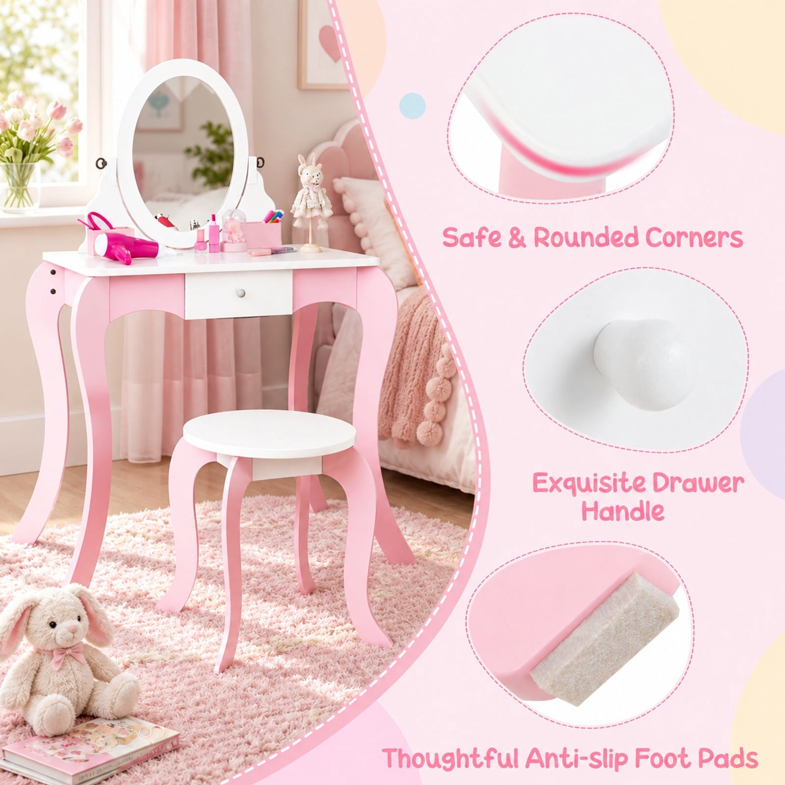 Fenbeli Pretend Kids Vanity Set with 360° Rotatable Mirror and Play Accessories, 66 lbs Capacity, MDF Acrylic Frame, 24 x 13.5 x 40 Footprint