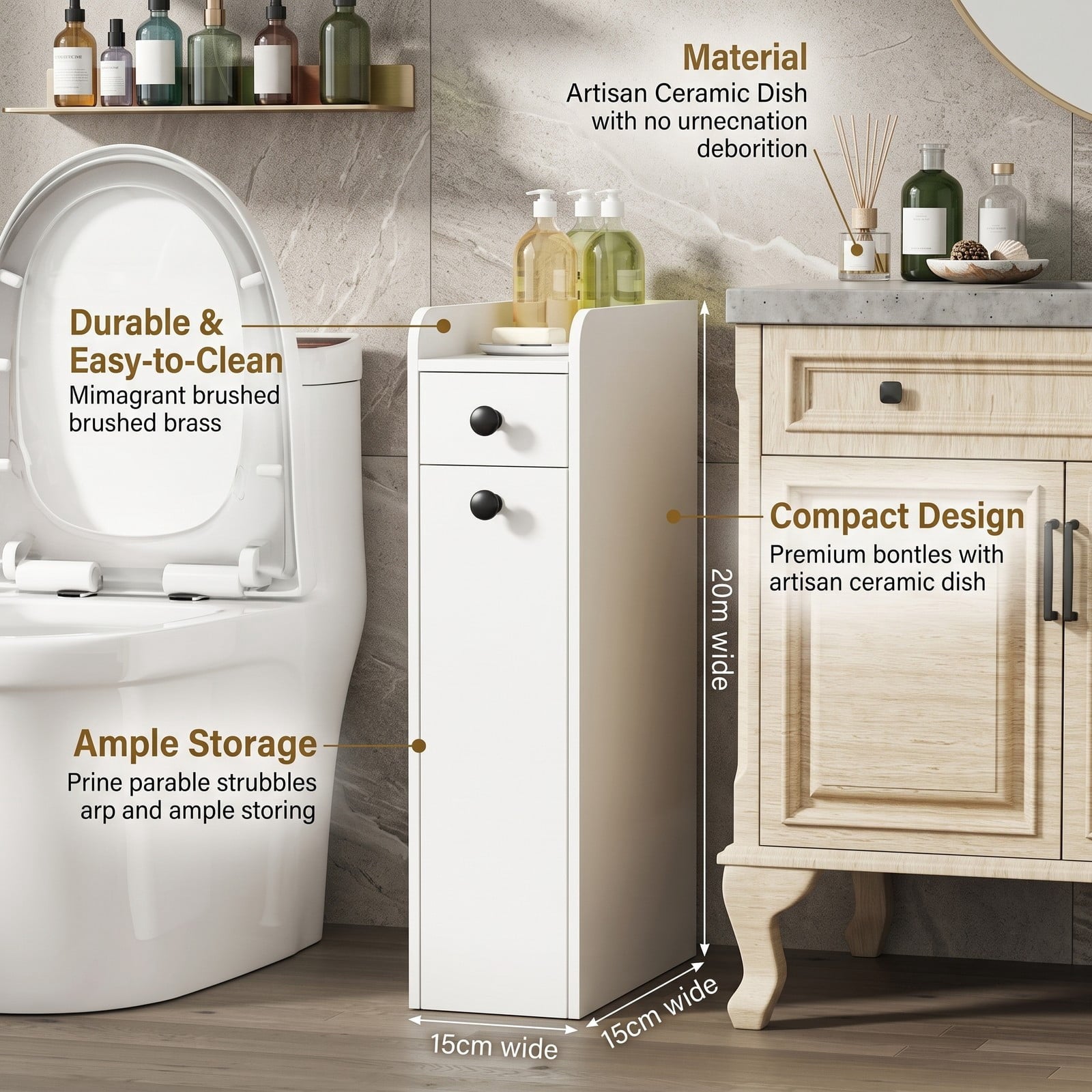 Fenbeli Small Bathroom Storage Cabinet, 4-Tier Narrow Slim Organizer with 3 Slide Out Drawers on Casters, Freestanding Rolling Storage Tower for Bathroom, White