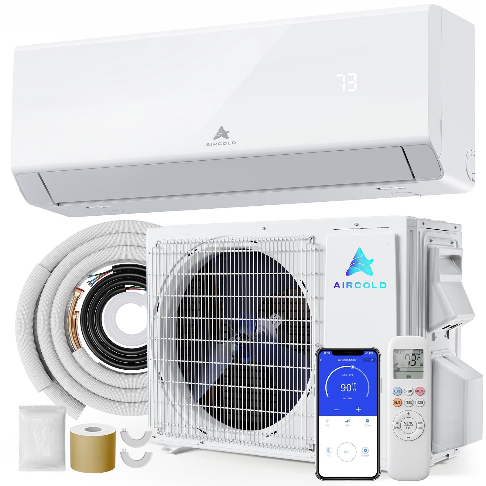 Aircold 12000 BTU Mini Split Air Conditioner and Heater, 208/230V 22 SEER2 Energy Saving Ductless Inverter AC Heat Pump with WiFi, Cool and Heat up to 750 Sq.Ft
