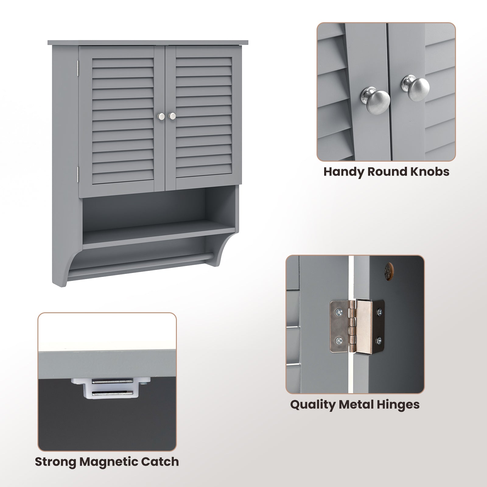 2-Doors Bathroom Wall-Mounted Medicine Cabinet with Towel Bar-Gray