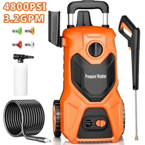 Fenbeli 4800 PSI Electric Pressure Washer, 3.2 GPM Power Washer Electric Powered with Foam Cannon, 4 Quick-Connect Nozzles for Car, Patio, Home Cleaning, Orange