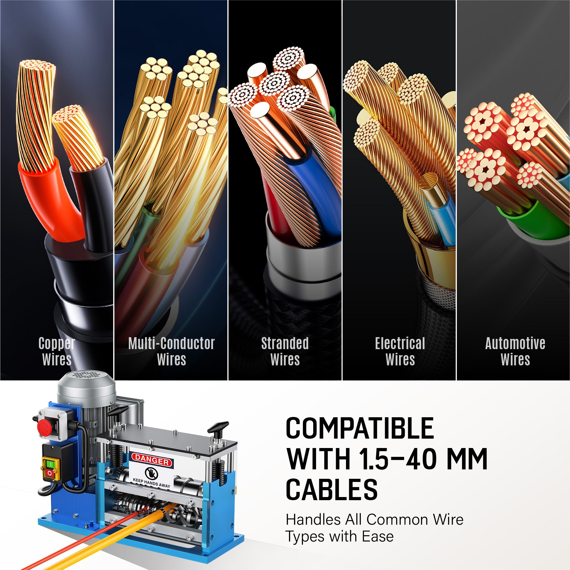 Fenbeli Electric Wire Stripping Machine 0.06-1.58in Heavy Duty Industrial Automatic Cable Stripper for Scrap Copper Recycling, Blue