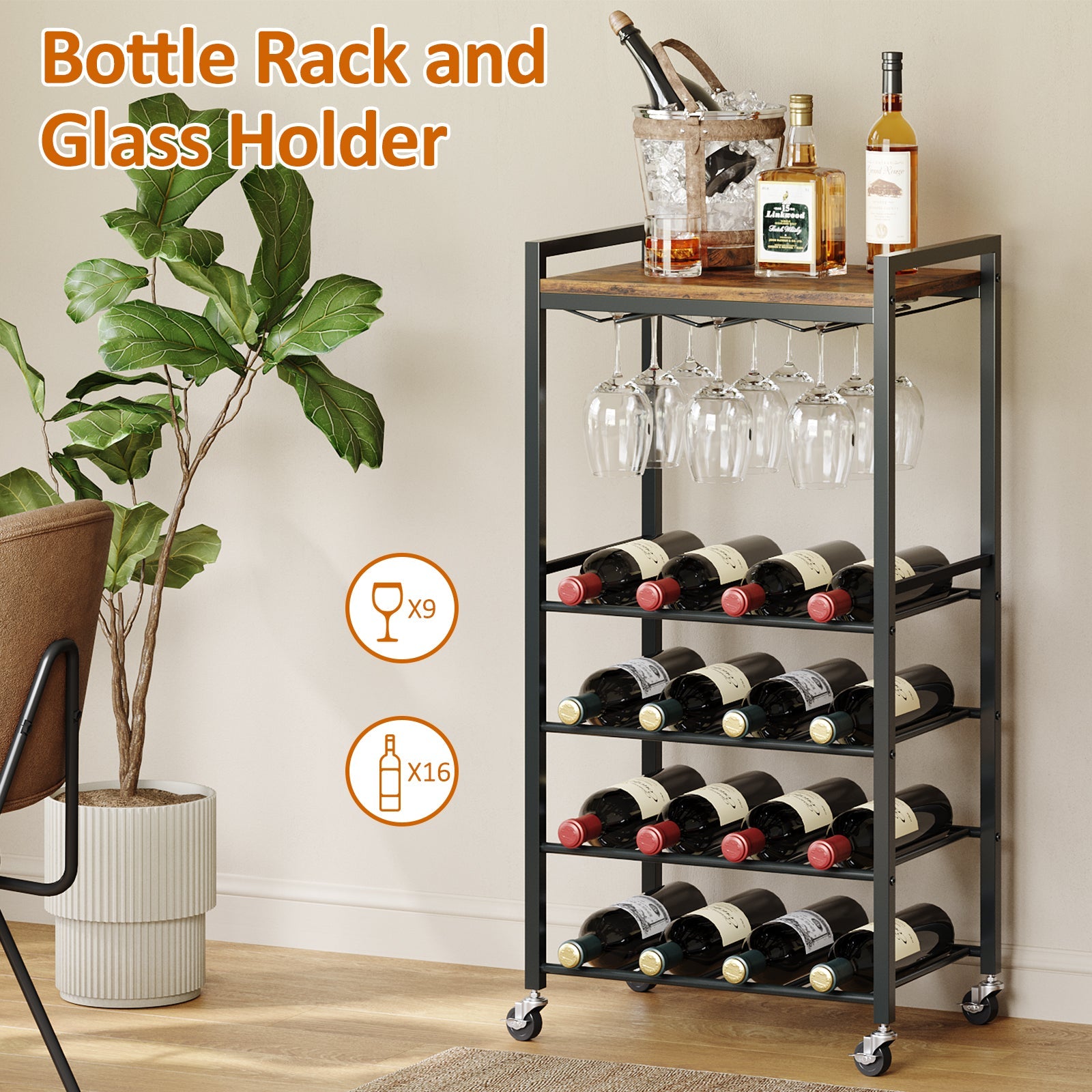 5-Tier Freestanding Wine Rack Kitchen Bar Cart with Glass Holder and Wood Top