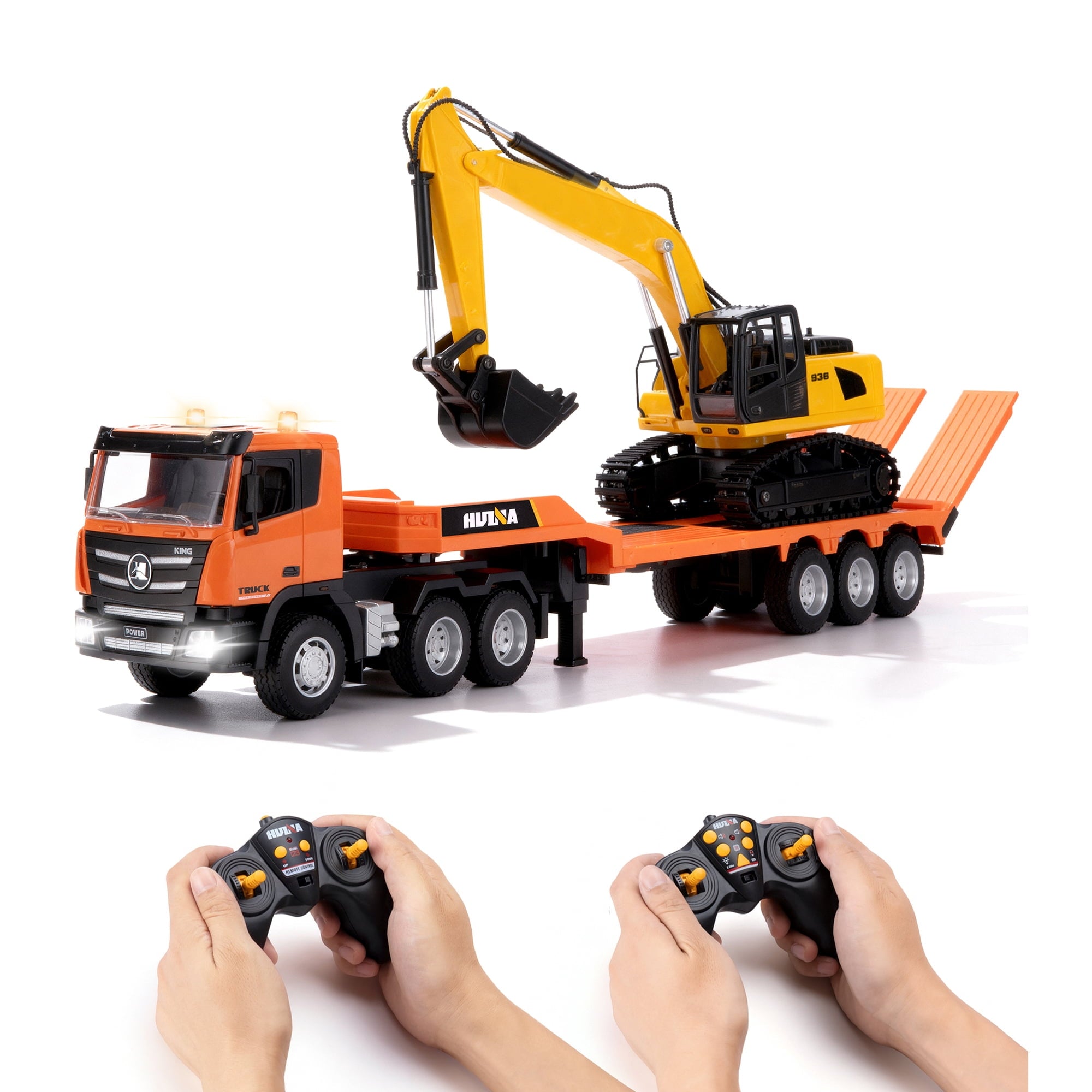 Fenbeli 1:18 RC Flatbed Truck and Excavator Toy Set, 2.4GHz 9-Channel Remote Control Construction Vehicles with Lights Sounds, 32.9 Semi-Trailer with 680¡ã Rotating Digger, Gift for Boys 8-12, Orange