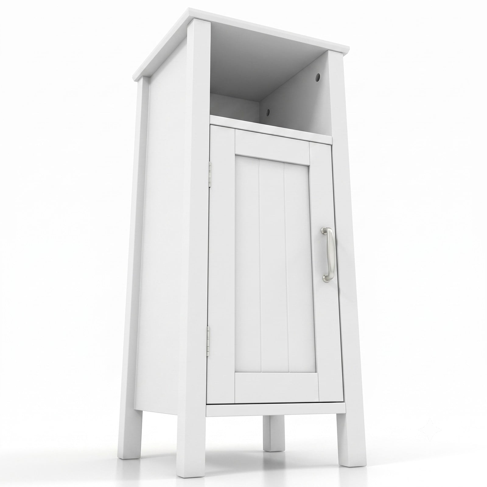 Fenbeli 1-Door Freestanding Bathroom Cabinet with Open Shelf, 2-Tier Floor Storage Organizer and Anti-Tip MDF Corner Cabinet for Bathroom Bedroom Living Room, White