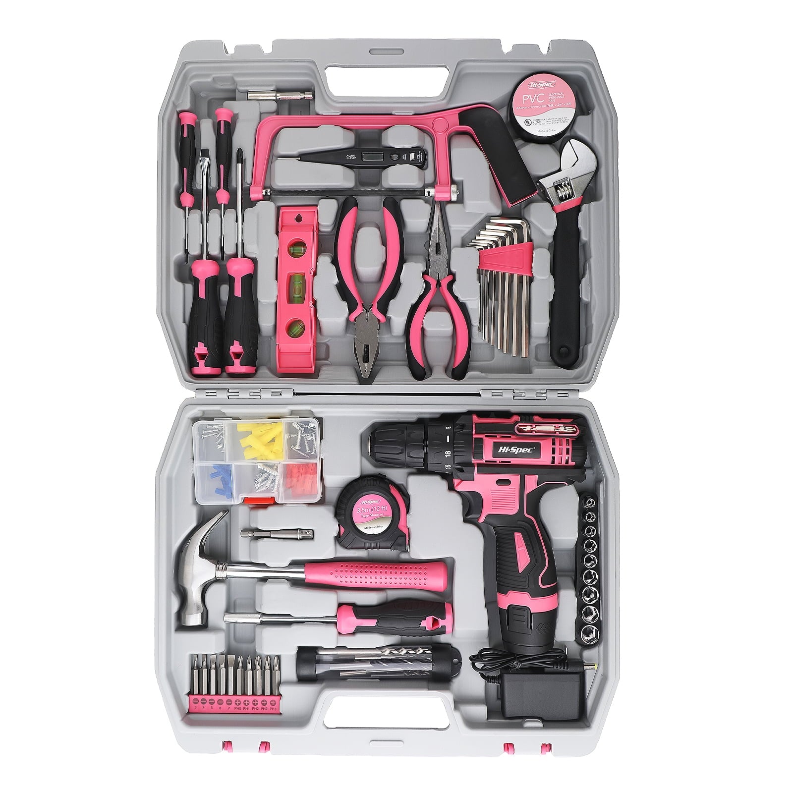 Fenbeli 121-Piece Mechanics Tool Set with Case Cordless Hand Drill Wrenches Professional Tools Kit for Car Repair Pink