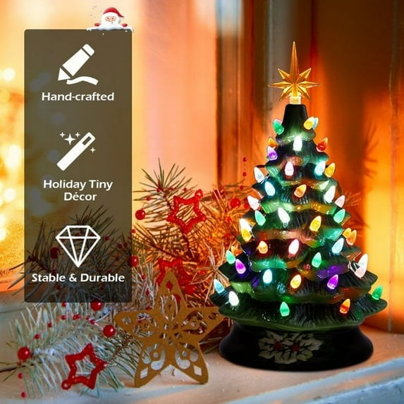 Fenbeli 15in Pre-Lit Hand-Painted Ceramic Tabletop Christmas Tree with 64 Lights - Green