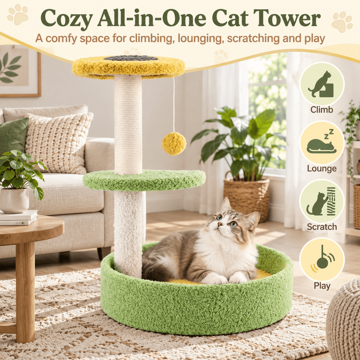 Fenbeli 17 Cat Tree Tower Cat Condo with Sisal Scratching Posts Multi-Level Cat Tower for Indoor Medium Cats, Green