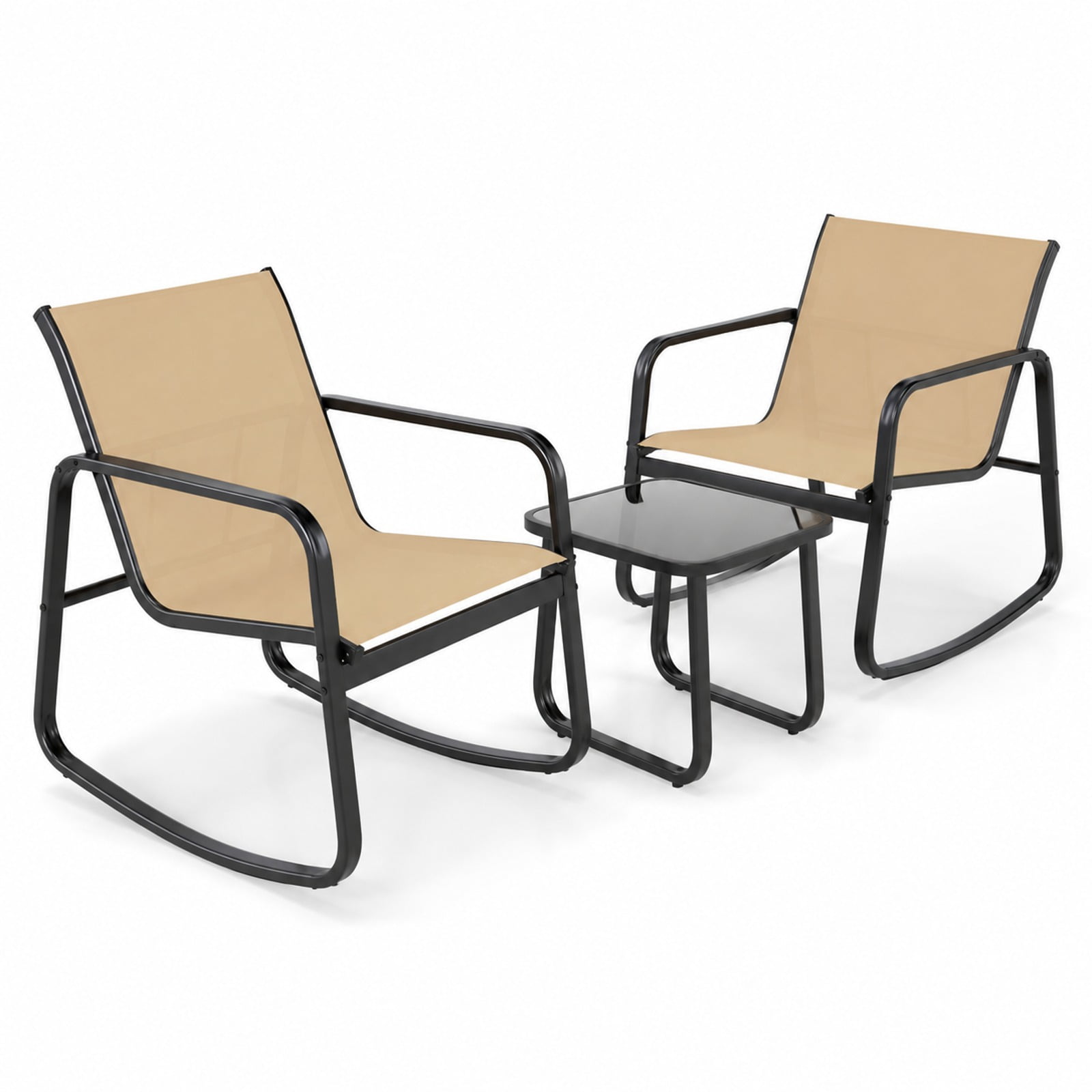 Fenbeli 2 Rocking Bistro Chairs and Glass-Top Table for Porch Yard Balcony, Rocking Chair 330 lbs Capacity, Metal Fabric Tempered Glass Frame, Brown