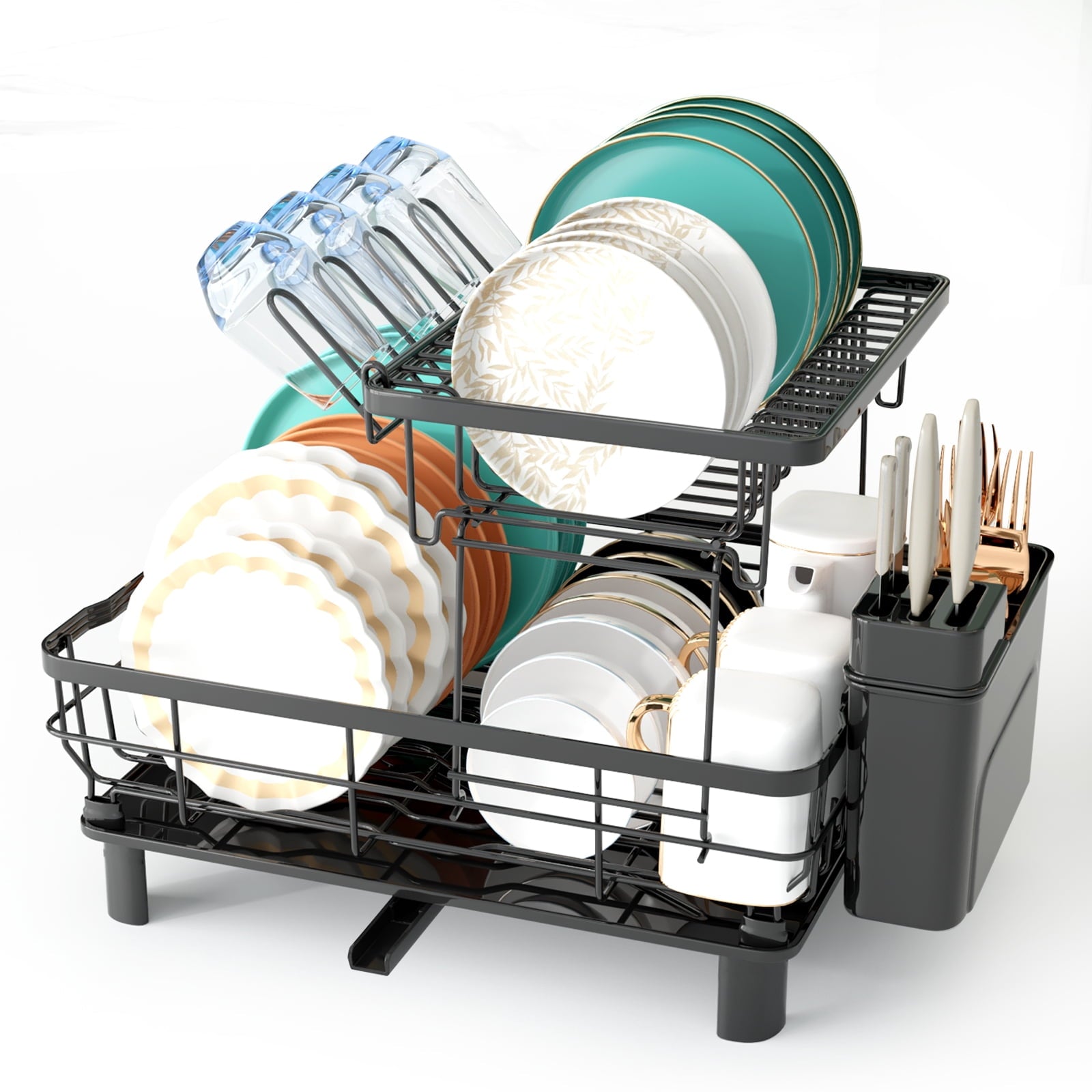 Fenbeli 2-Tier Dish Drying Rack with Drainboard, Rustproof Dish Rack with Utensil Holder & Swivel Spout, Large Kitchen Dish Drainer for Counter