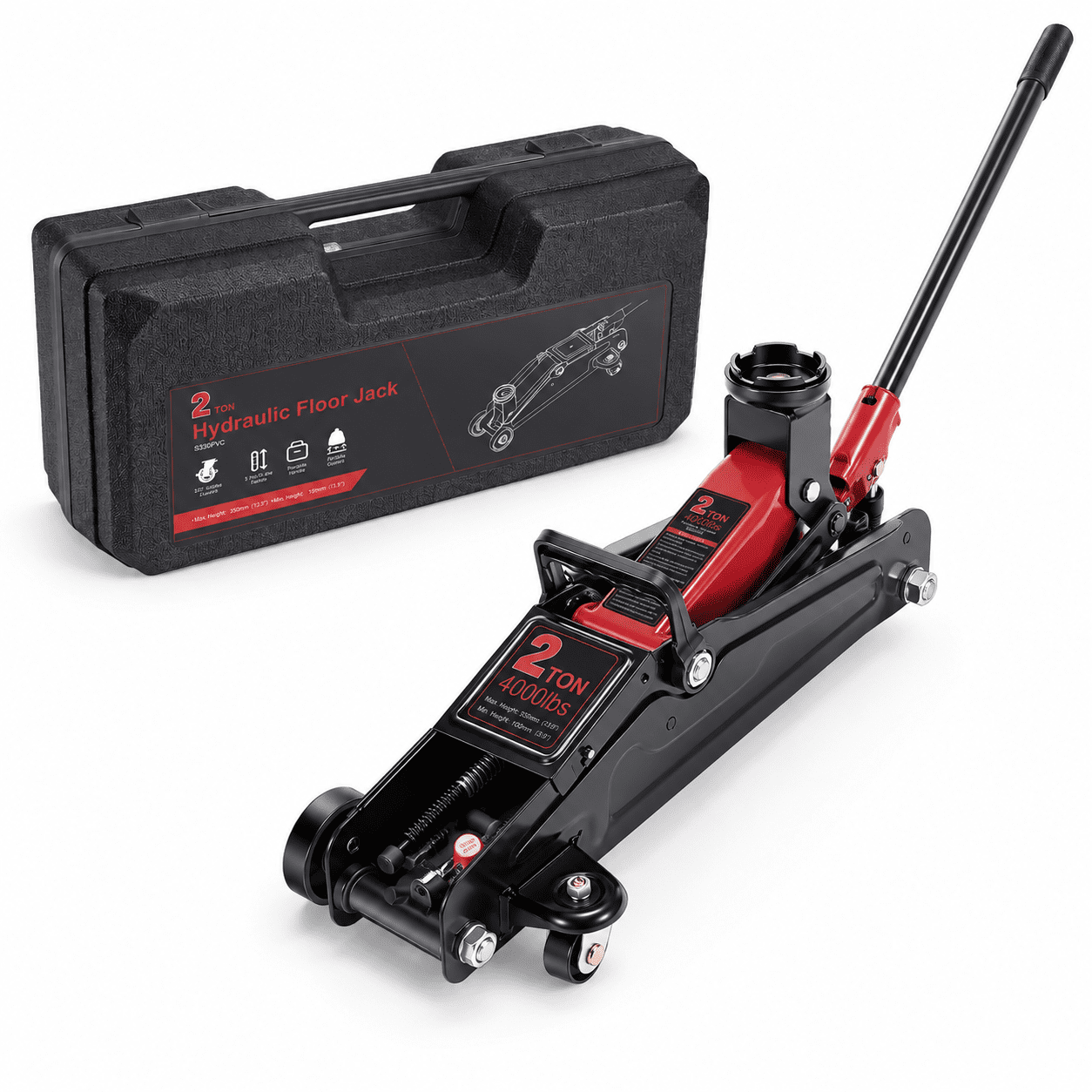 Fenbeli 2 Ton Low Profile Hydraulic Floor Jack, 4000 lb Quick Lift Steel Trolley Jack for Sedans, Small SUVs, Golf Carts and Lawn Mowers, Red and Black