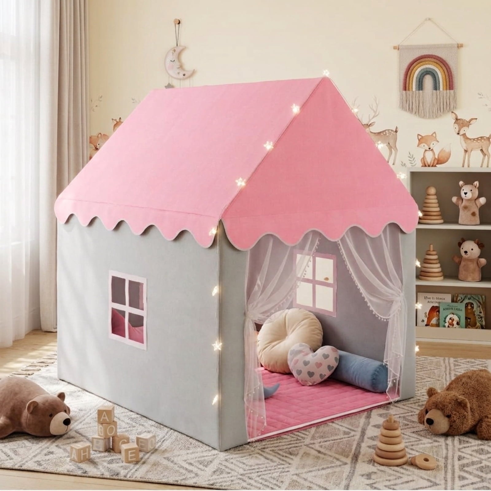 Fenbeli 2-in-1 Kids Play Tent with Padded Mat and Star Lights, Indoor Outdoor Playhouse with Windows, Pink and Gray