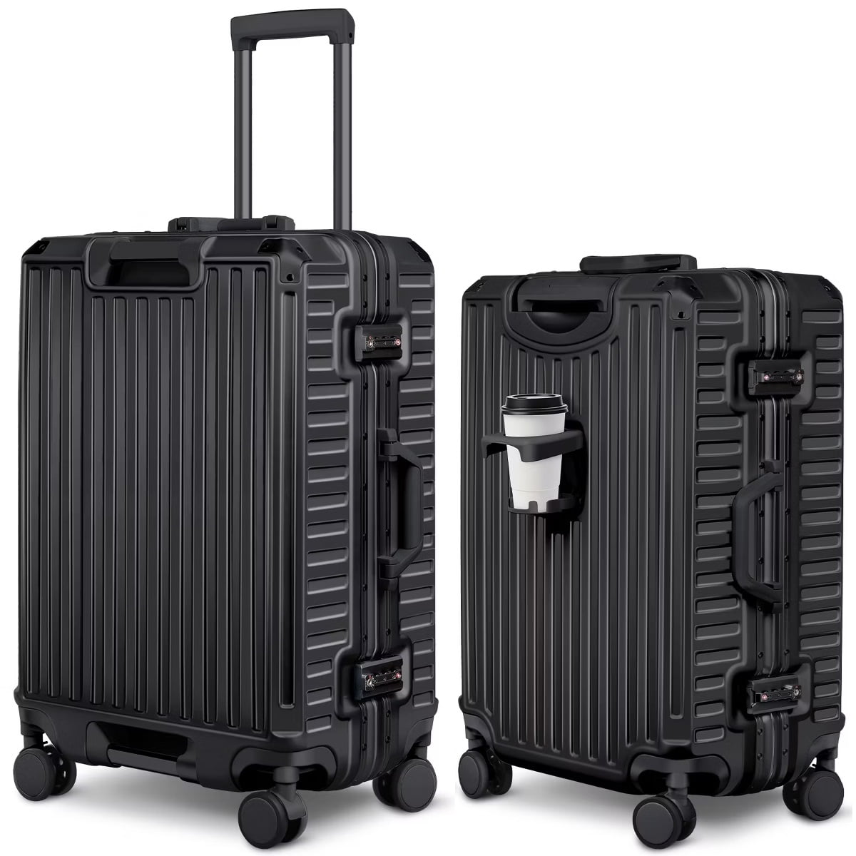 Fenbeli 24 Hardshell Luggage with Cup Holder TSA Locks ABS+PC Suitcases with Spinner Wheels for Travel Aluminum Frame Black