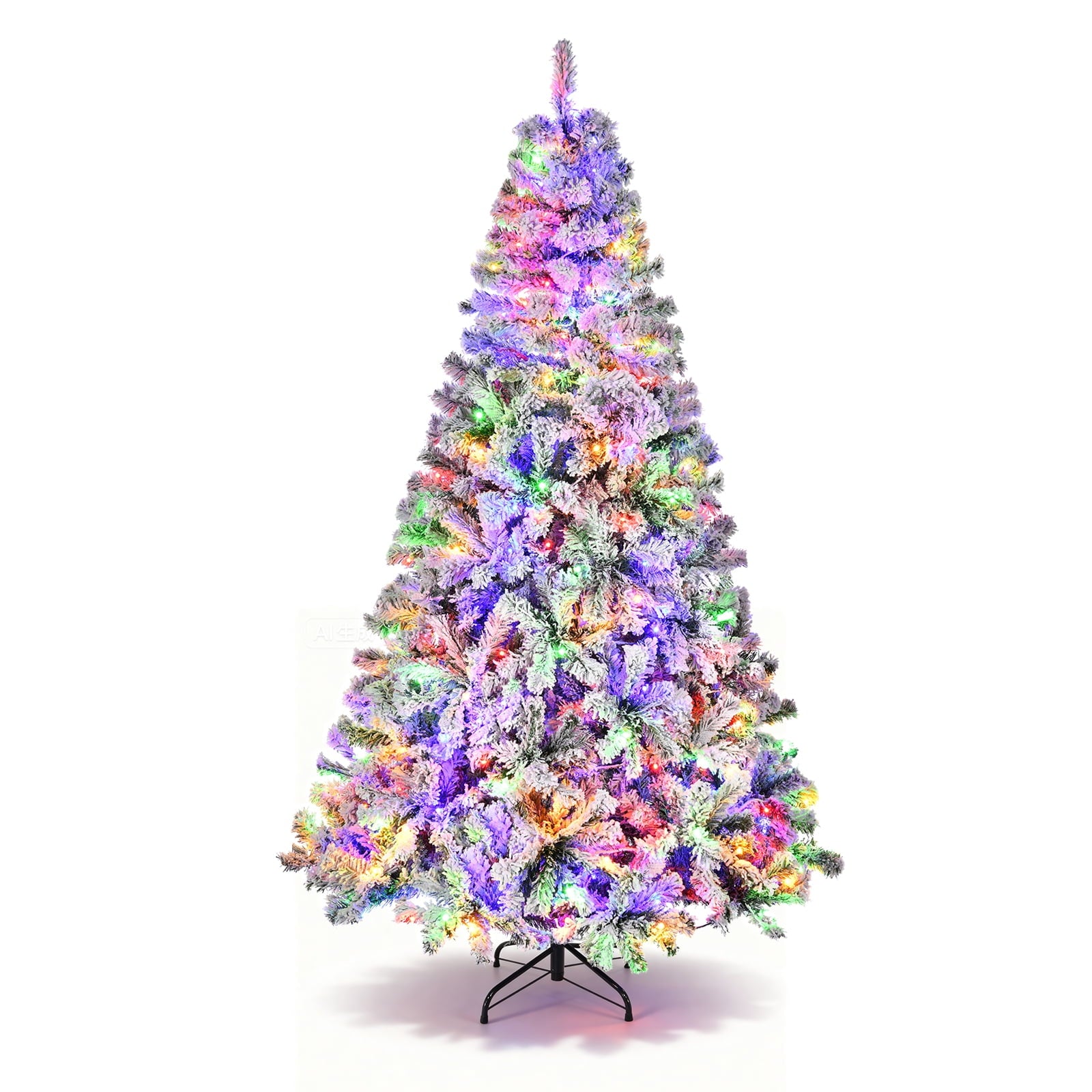 Fenbeli 6ft Pre-Lit Premium Snow Flocked Christmas Tree with 300 Nine Lights Colored Lights, White