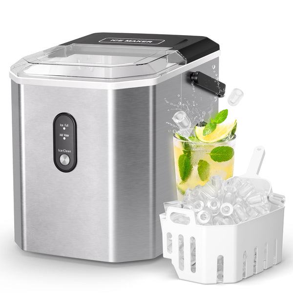 Fenbeli 26lbs/24H Countertop Ice Maker Machine with Handle, Portable Ice Maker Machine with Auto-Cleaning, Silver