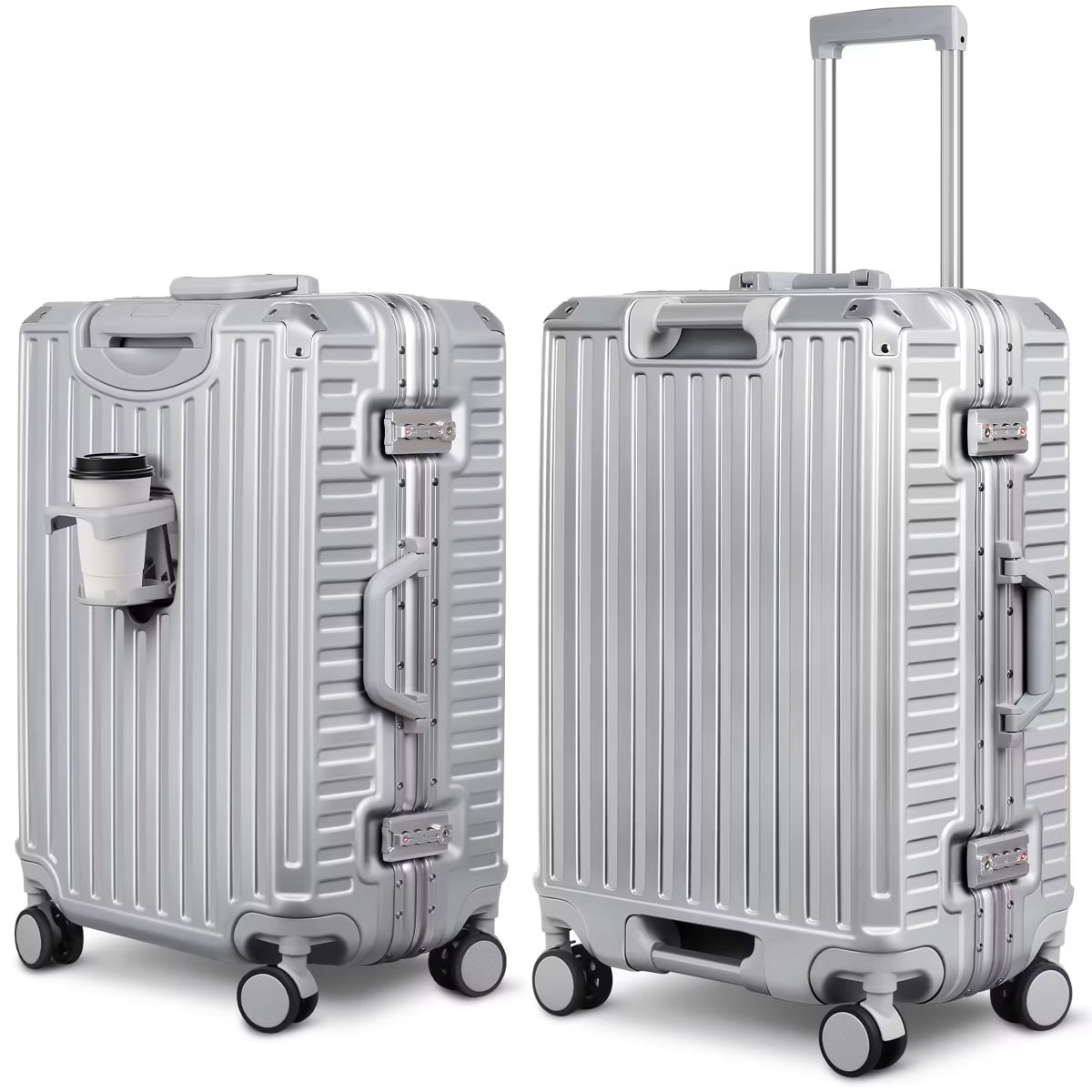 Fenbeli 28 Hardshell Luggage with Cup Holder TSA Locks ABS+PC Suitcases with Spinner Wheels for Travel Aluminum Frame Silver