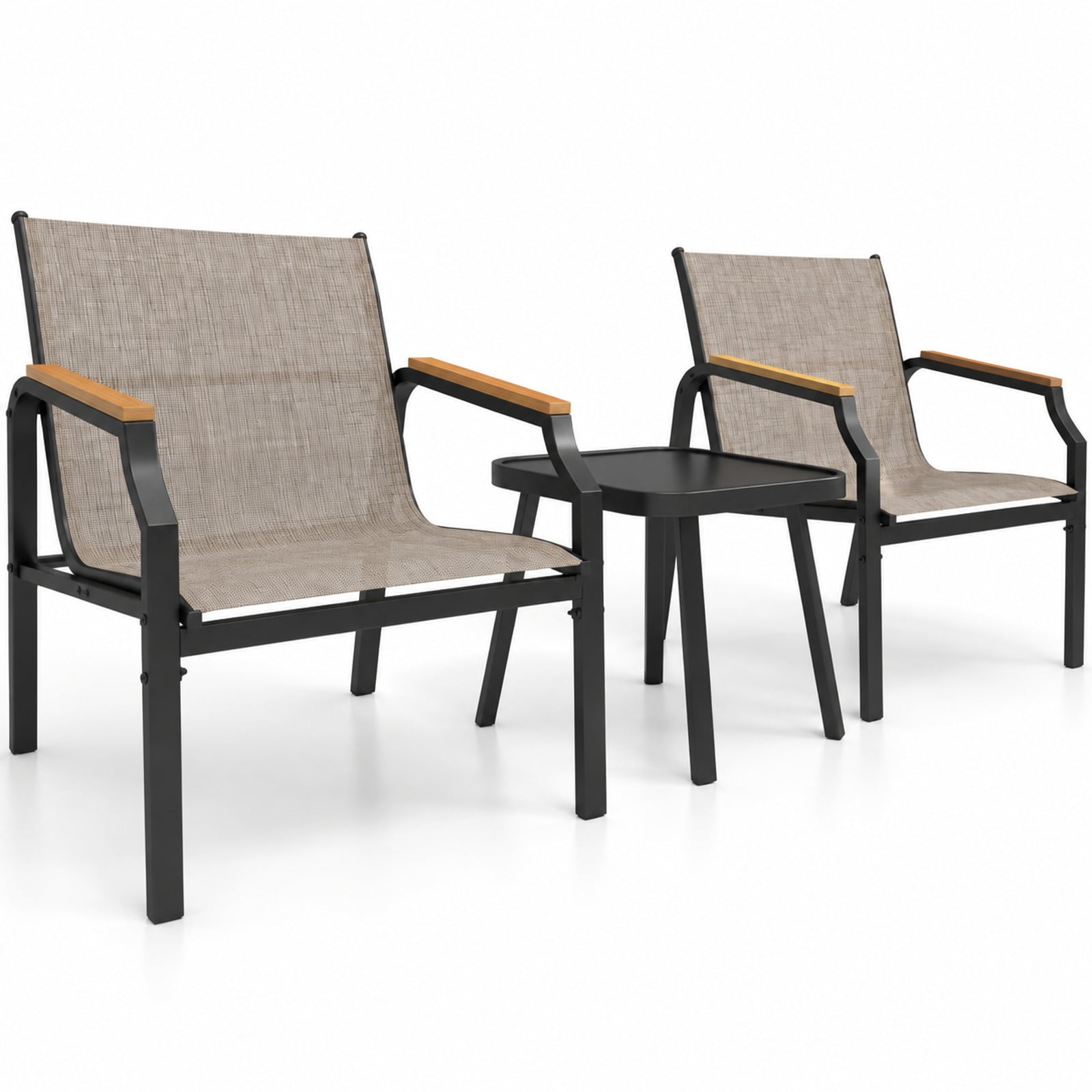 Fenbeli 3 Piece Outdoor Chair Set with Breathable Fabric Seat and Armrests, Chair 330 lbs Capacity, Metal Fabric Tempered Glass PS Frame, Brown