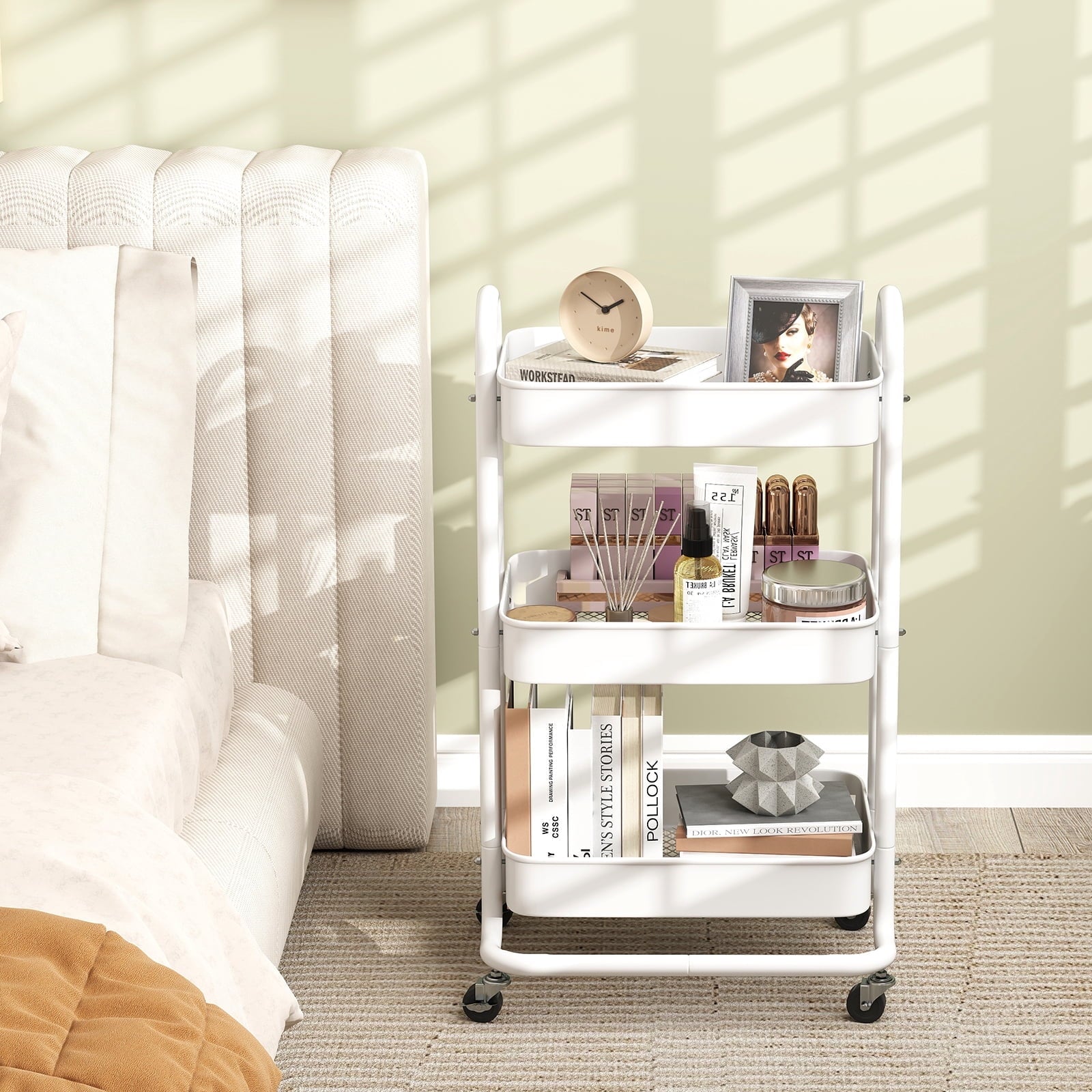 Fenbeli 3-Tier Metal Rolling Utility Cart with Wheels, White, 18L x 13.4W x 31H