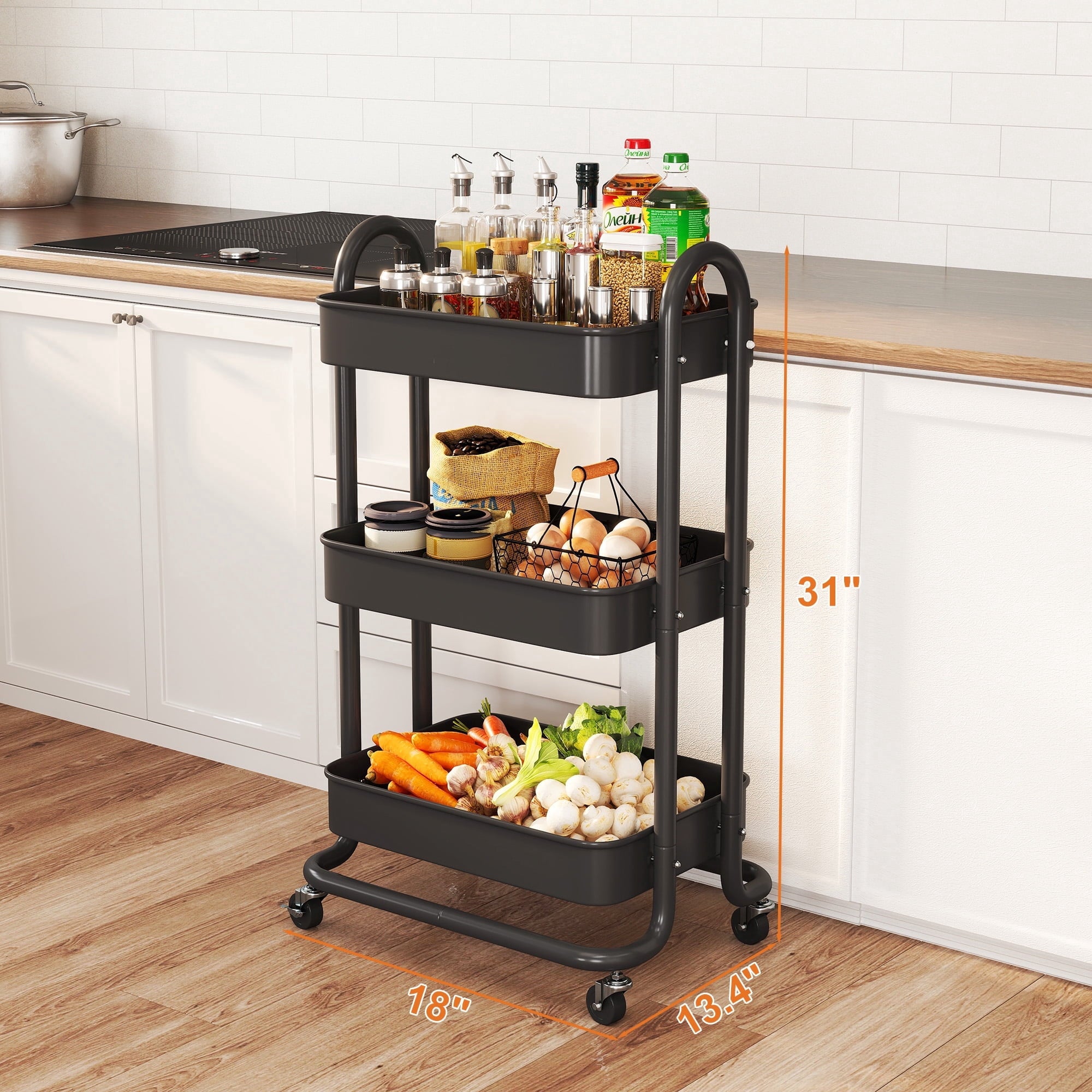 Fenbeli 3-Tier Metal Rolling Utility Cart with Wheels, black, 18L x 13.4W x 31H
