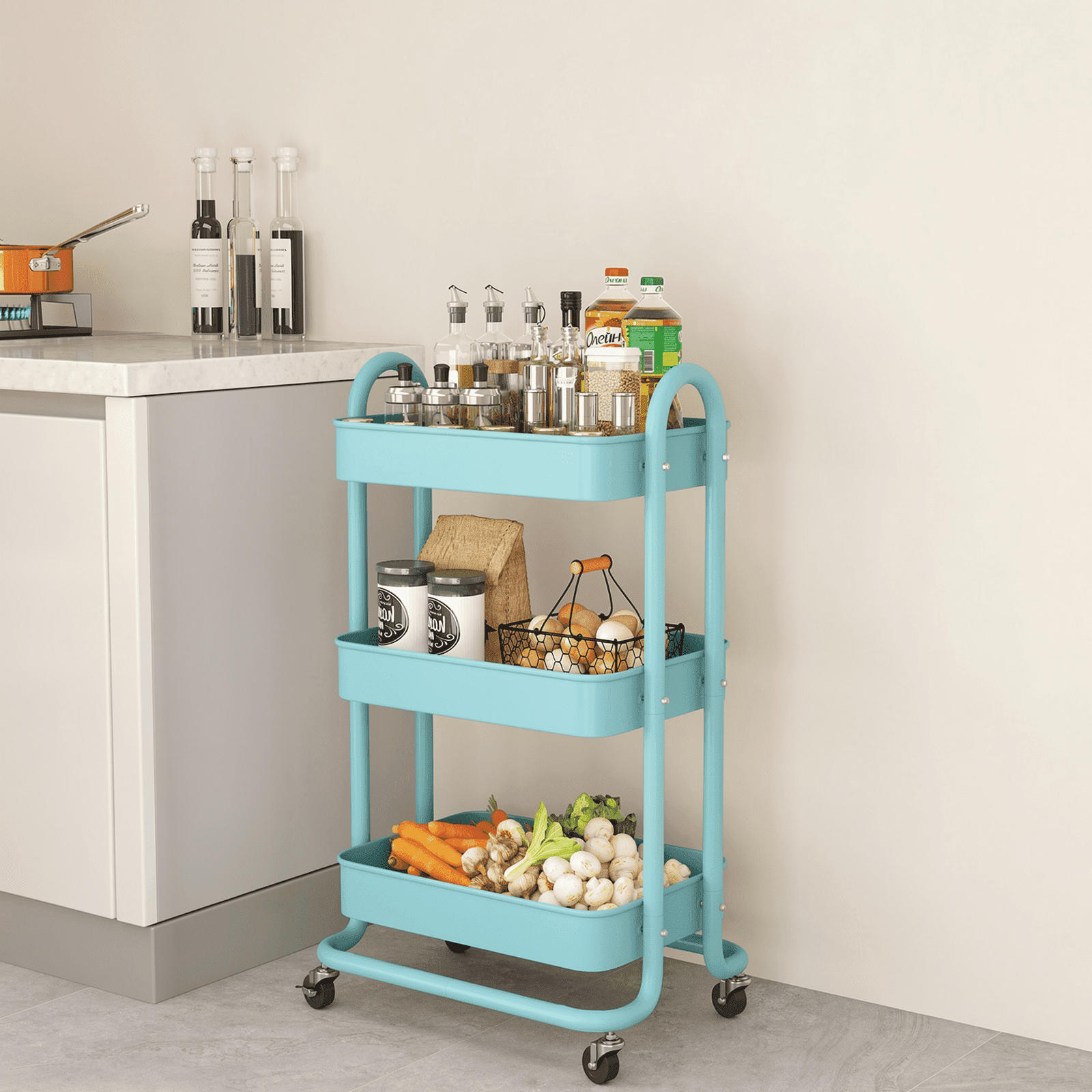 Fenbeli 3-Tier Metal Rolling Utility Cart with Wheels, blue, 18L x 13.4W x 31H