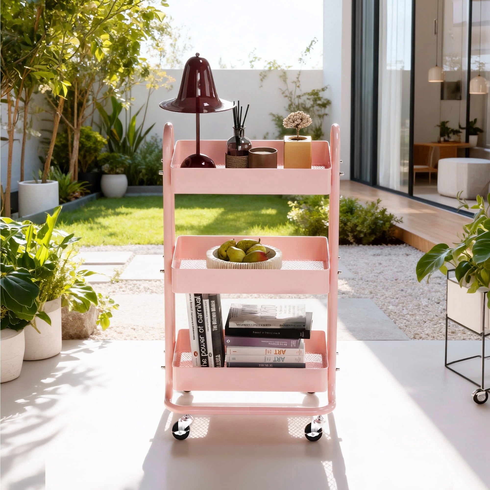 Fenbeli 3-Tier Metal Rolling Utility Cart with Wheels, pink, 18L x 13.4W x 31H