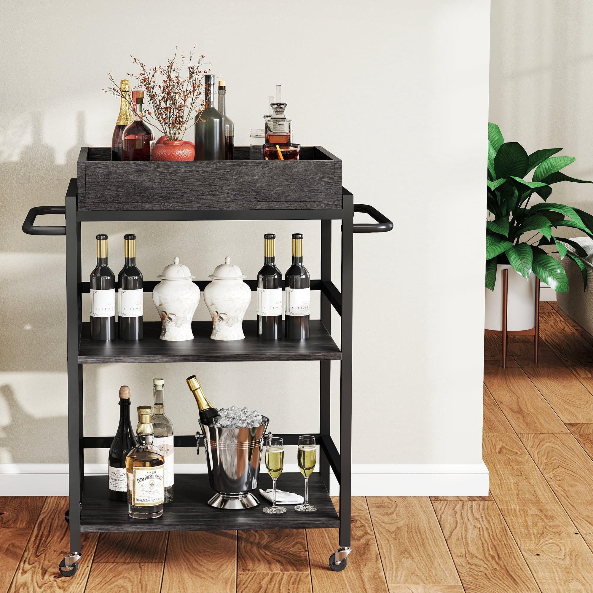 Fenbeli 3-Tier Rolling Kitchen Cart with Removable Wooden Storage Box and Wheels, Gray, 21.9L x 15.8W x 36.2H